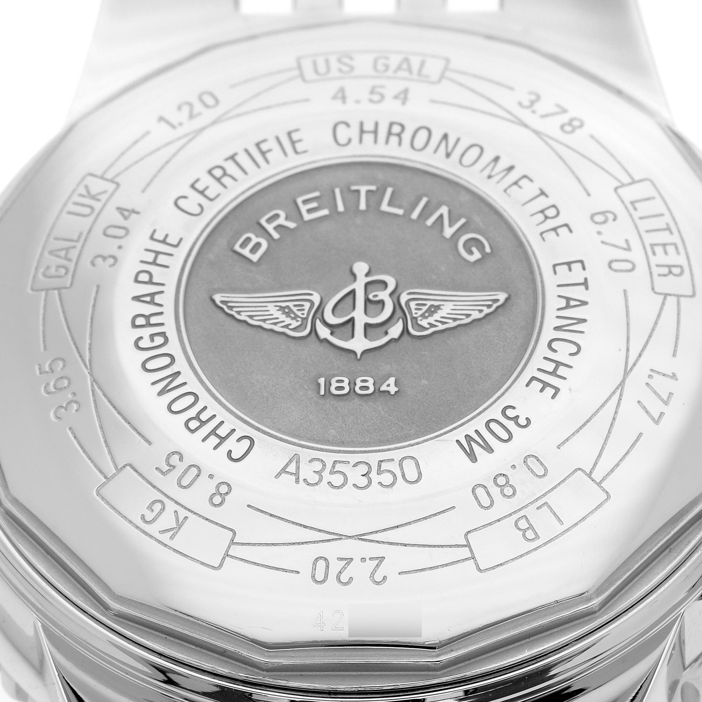 The image shows the back case of a Breitling Navitimer A35350 Men
s Stainless Steel Blue Dial A35350 Men
s Stainless Steel Blue Dial, displaying branding and calibration details.