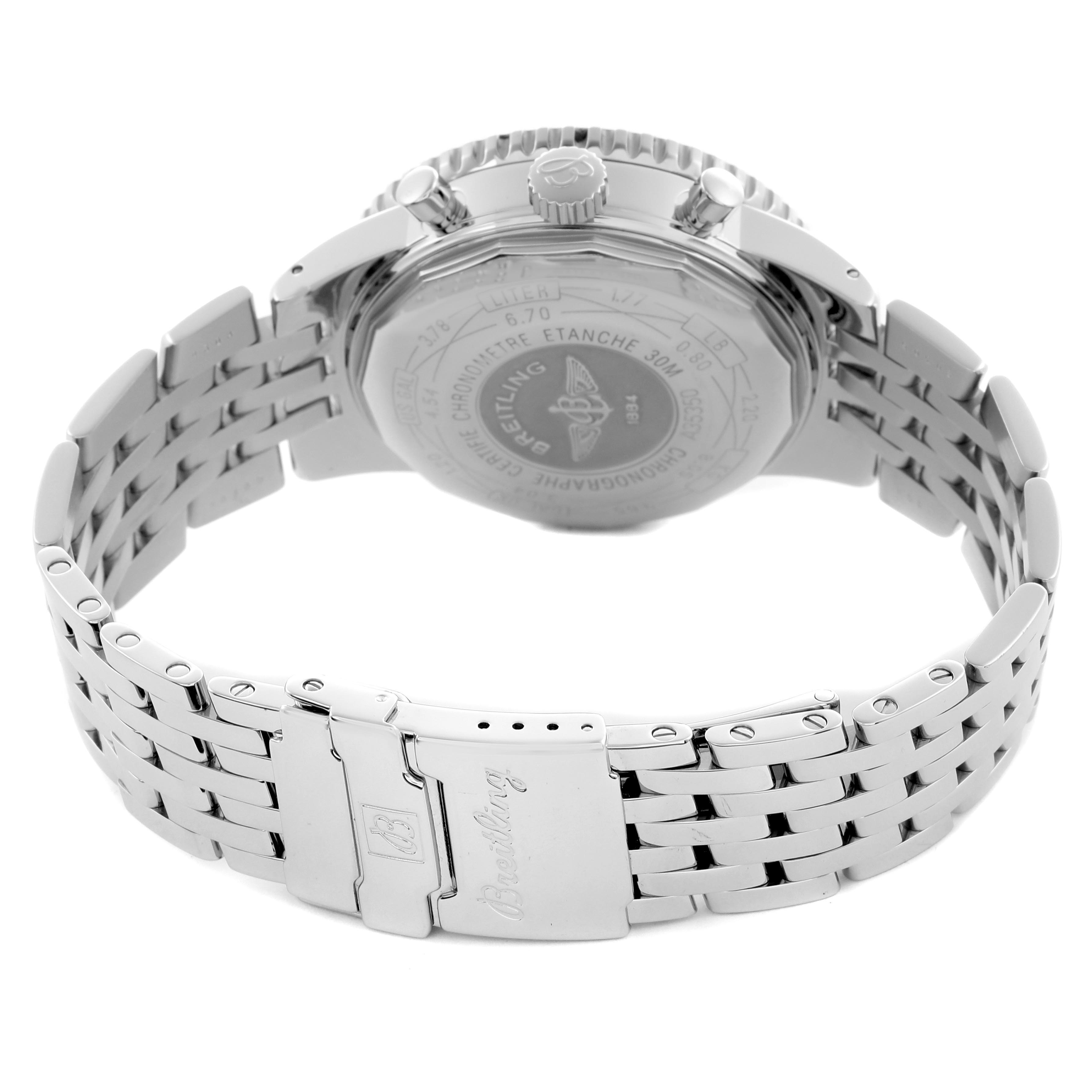 The image shows the back view of a Breitling Navitimer A35350 Men
s Stainless Steel Blue Dial A35350 Men
s Stainless Steel Blue Dial watch, highlighting the case back, crown, pushers, and stainless steel bracelet.