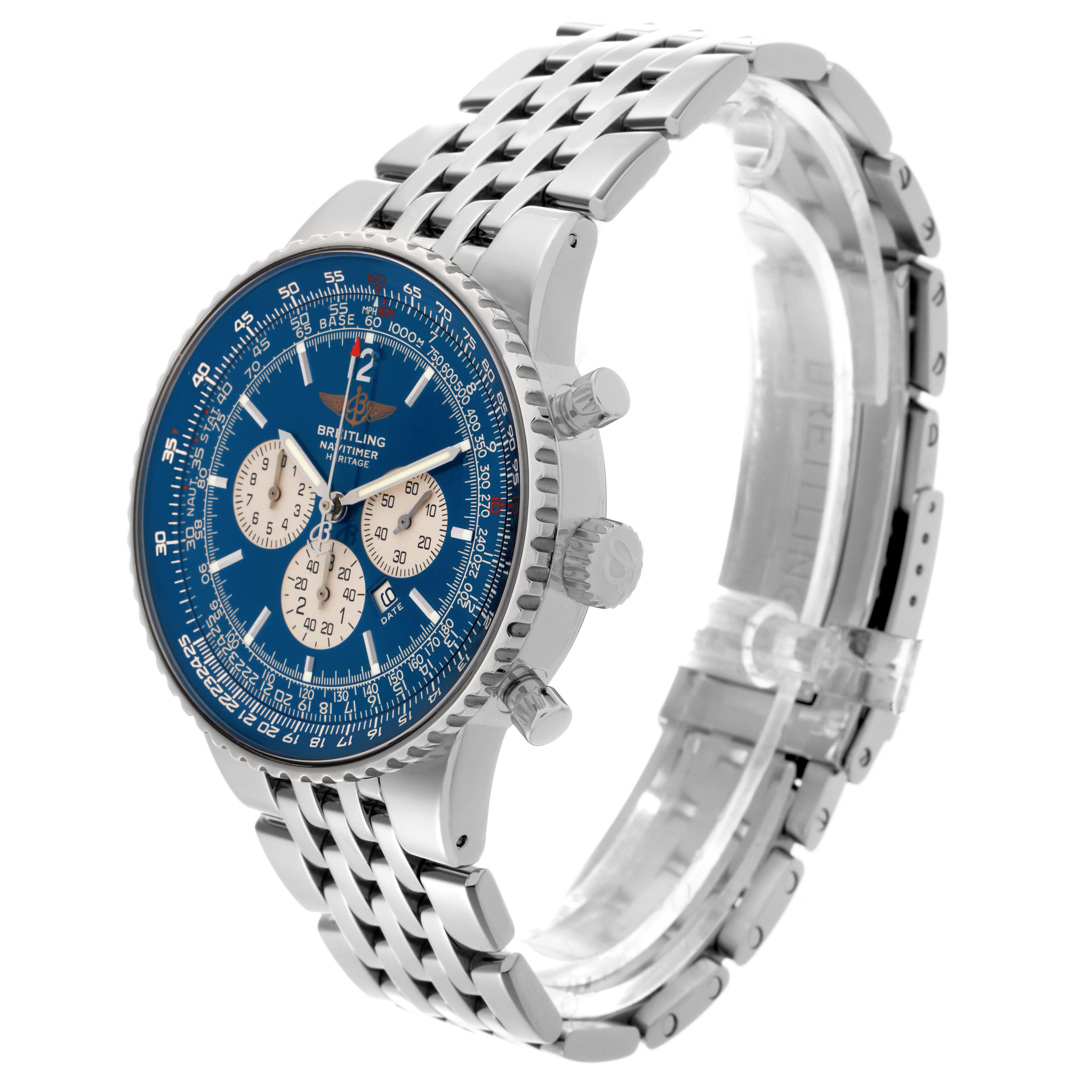 The Breitling Navitimer A35350 Men
s Stainless Steel Blue Dial A35350 Men
s Stainless Steel Blue Dial watch is shown at an angled side view, featuring the blue dial, bezel, chronograph buttons, and stainless steel bracelet.