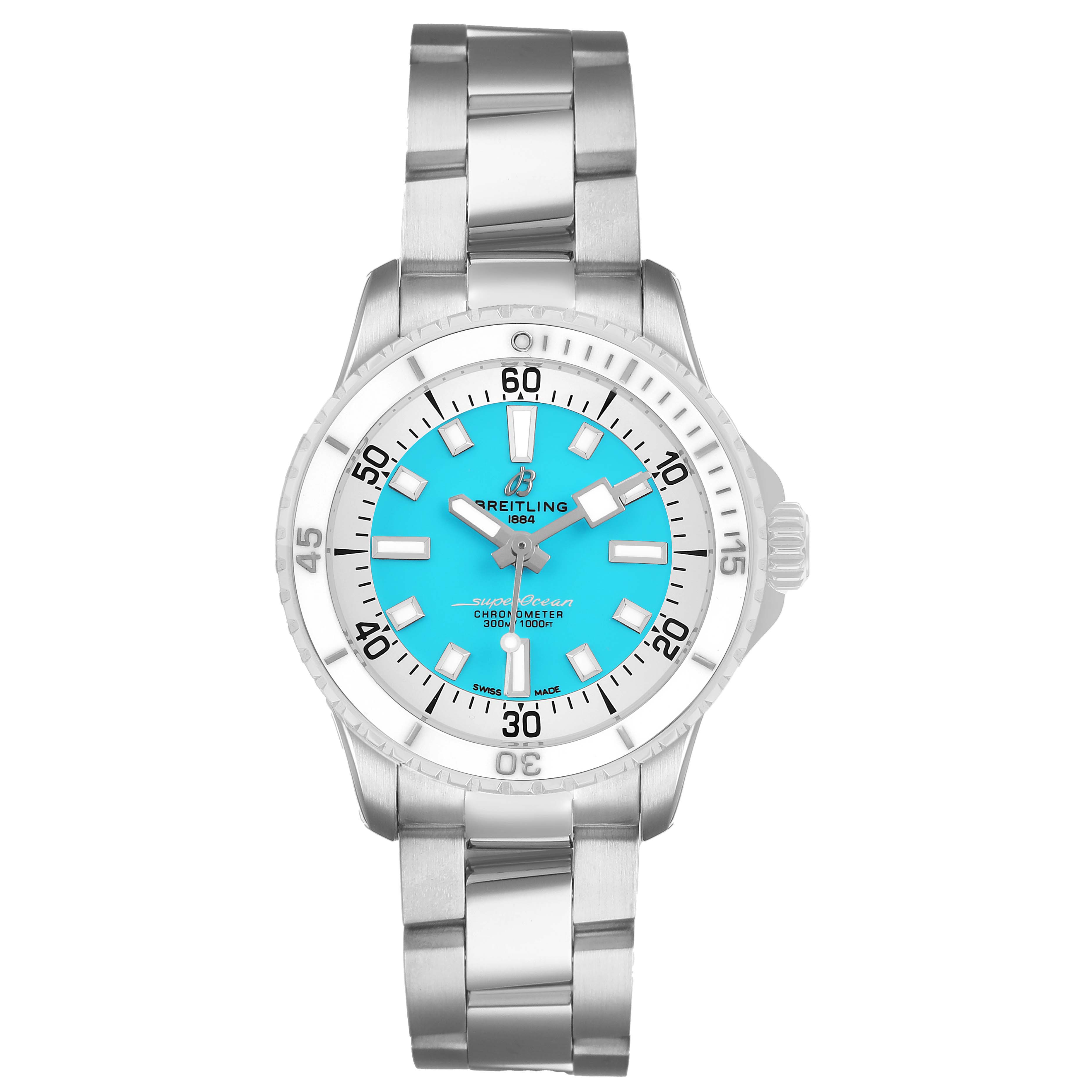 The Breitling Superocean A17377211C1A1 Men's Stainless Steel Blue Dial watch is shown from a top-down angle, displaying the full face, bezel, and bracelet.