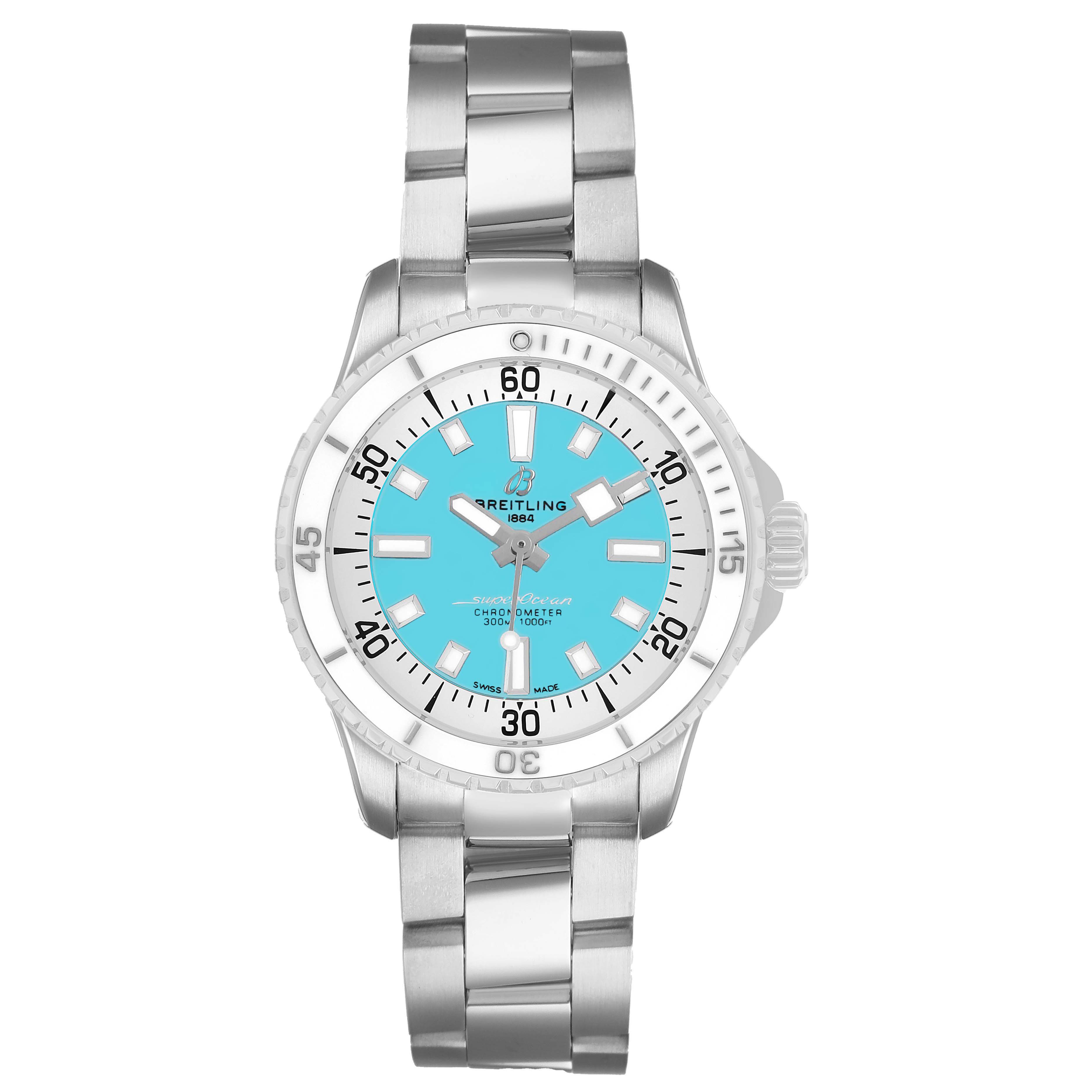 The Breitling Superocean A17377211C1A1 Men's Stainless Steel Blue Dial watch is shown from a top-down angle, highlighting the dial, bezel, bracelet, and crown.