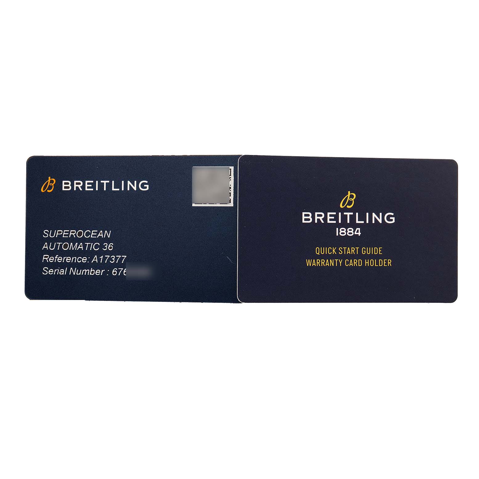 This image shows a Breitling Superocean A17377211C1A1 Men's Stainless Steel Blue Dial model warranty card holder and quick start guide, lying flat and open.