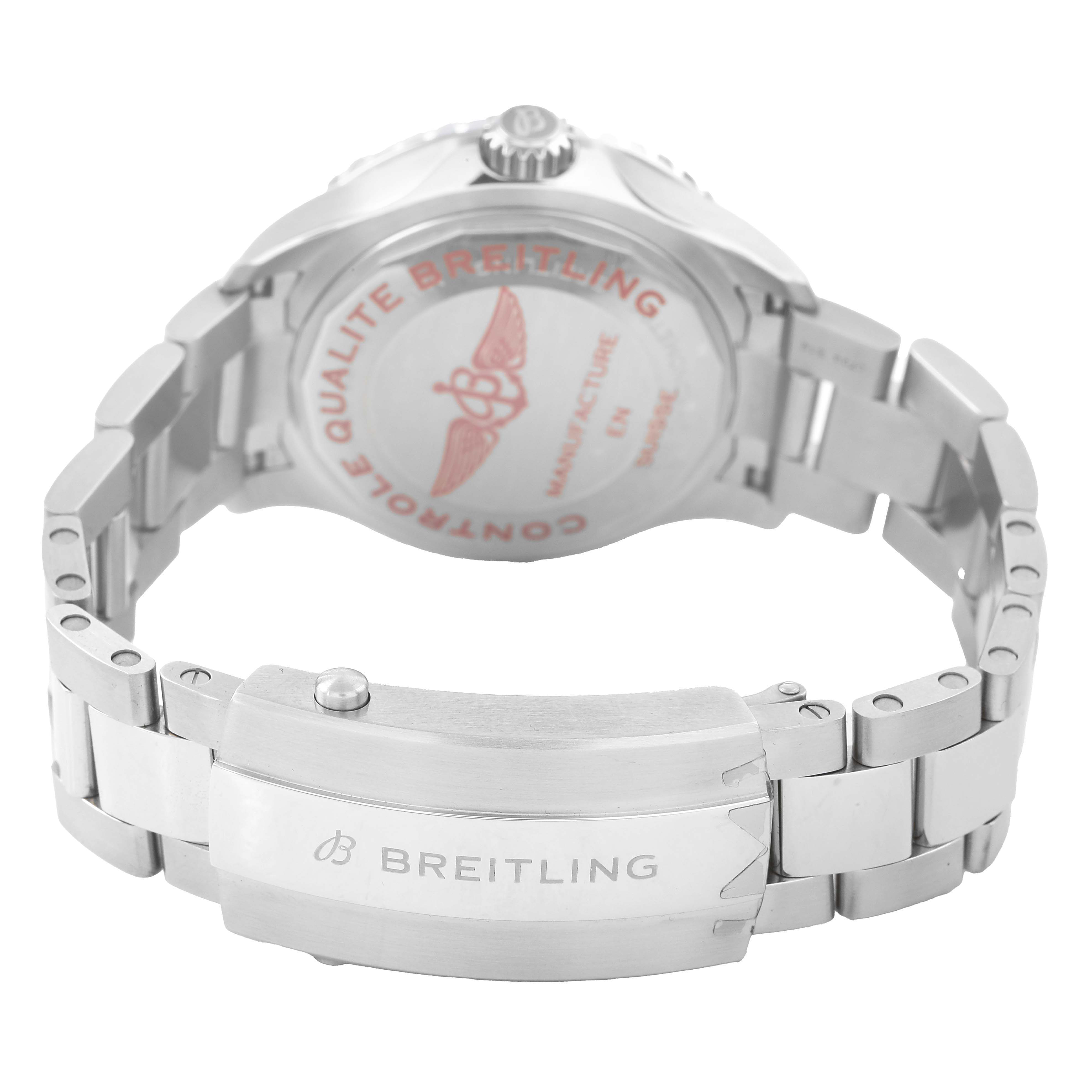 The image shows the back view of the Breitling Superocean A17377211C1A1 Men's Stainless Steel Blue Dial, highlighting the case back and clasp of the bracelet.