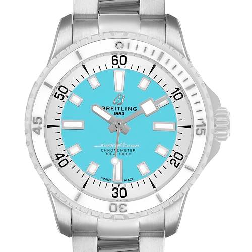 The Breitling Superocean A17377211C1A1 Men's Stainless Steel Blue Dial watch is shown from a frontal angle, highlighting its turquoise dial, bezel, and stainless steel bracelet.