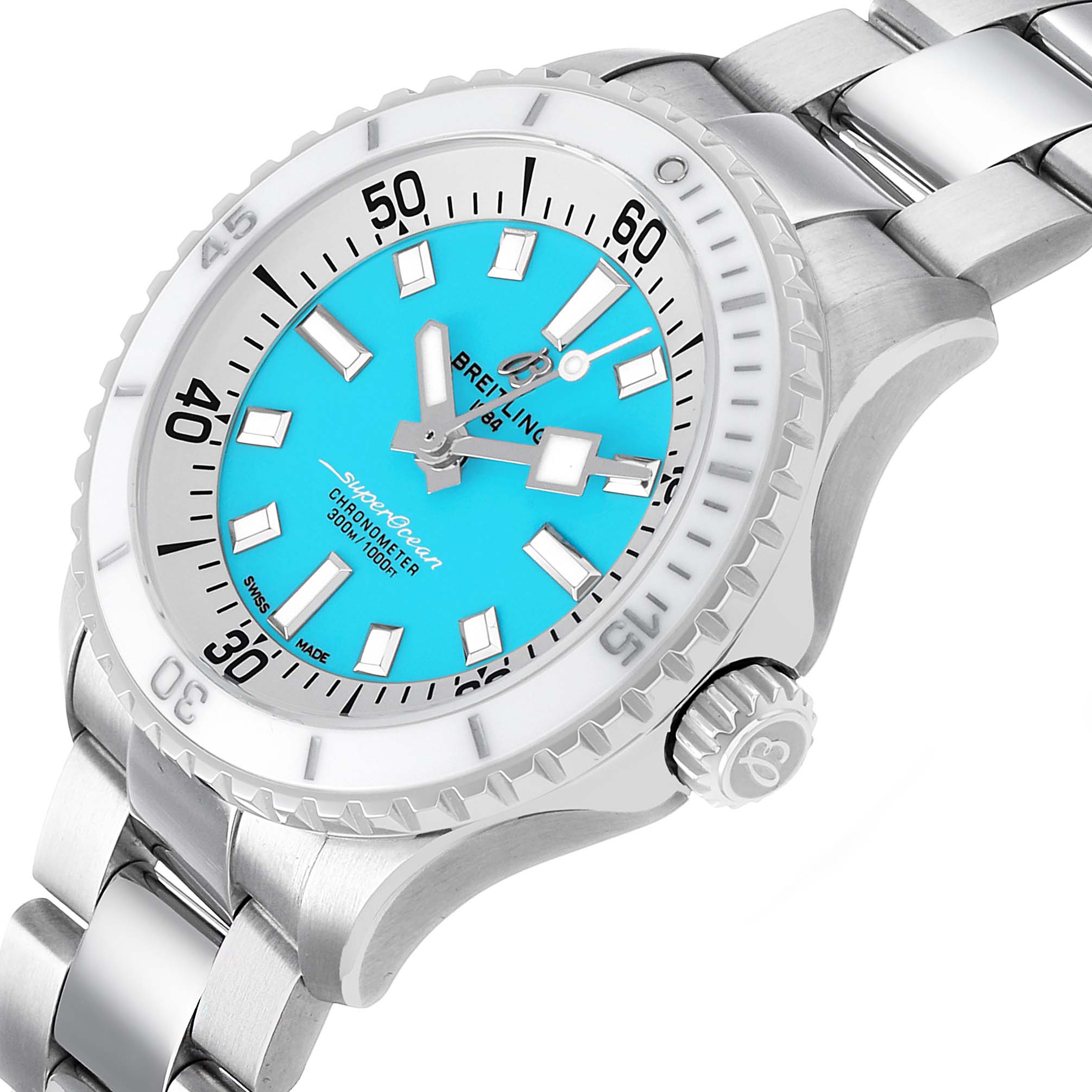 The Breitling Superocean A17377211C1A1 Men's Stainless Steel Blue Dial watch is shown at an angled view, highlighting the azure dial, bezel, crown, and metal bracelet.
