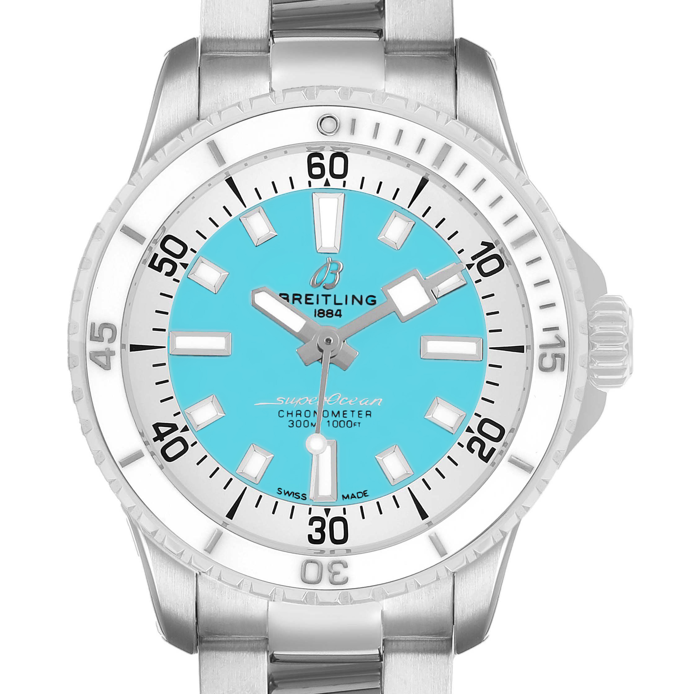 The image shows a frontal view of the Breitling Superocean A17377211C1A1 Men's Stainless Steel Blue Dial watch, highlighting its dial, bezel, and stainless steel bracelet.