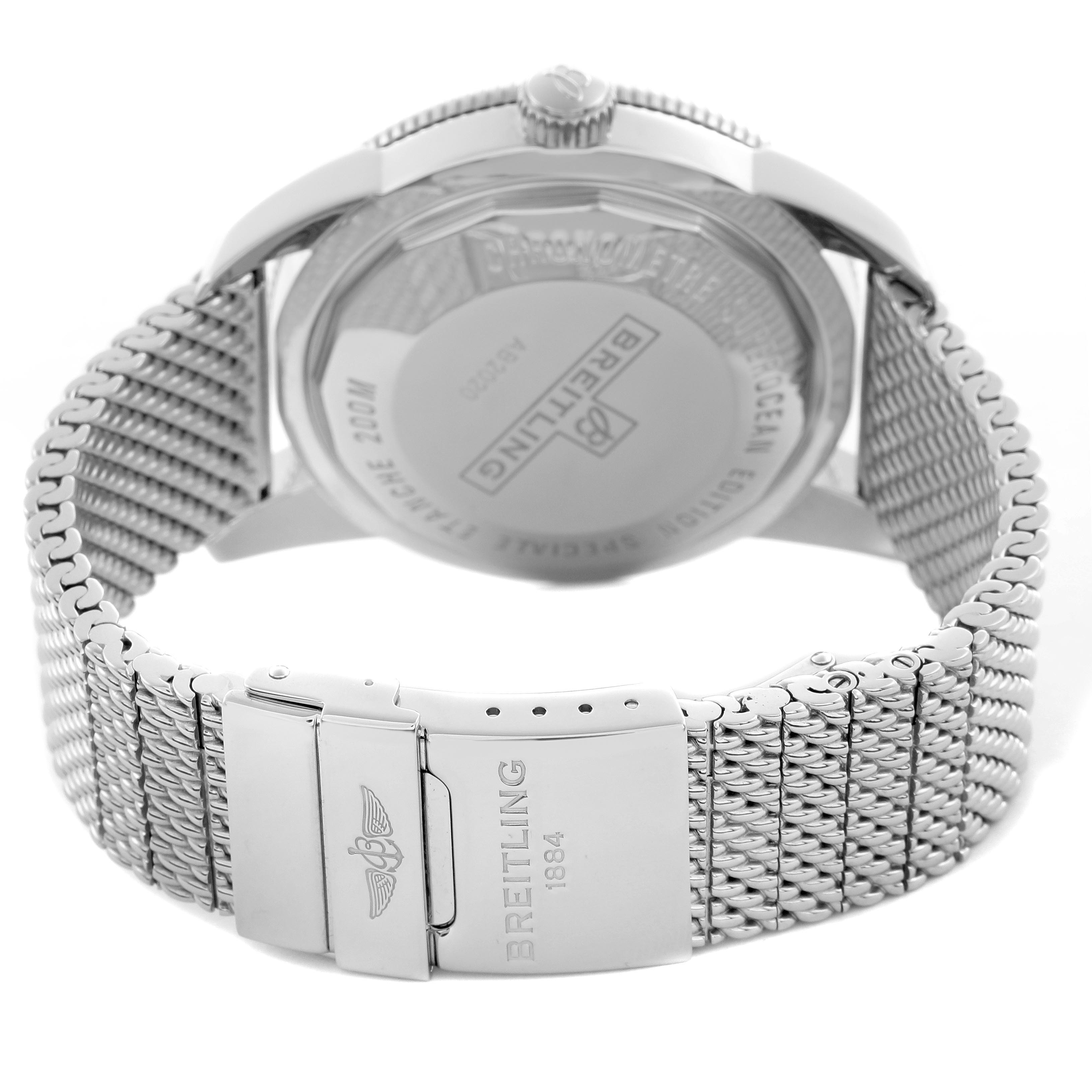 The image shows the back and side of a Breitling Superocean AB202012-B1S1 Men
s Stainless Steel Black Dial AB202012-B1S1 Men
s Stainless Steel Black Dial watch, highlighting its metal bracelet and clasp.
