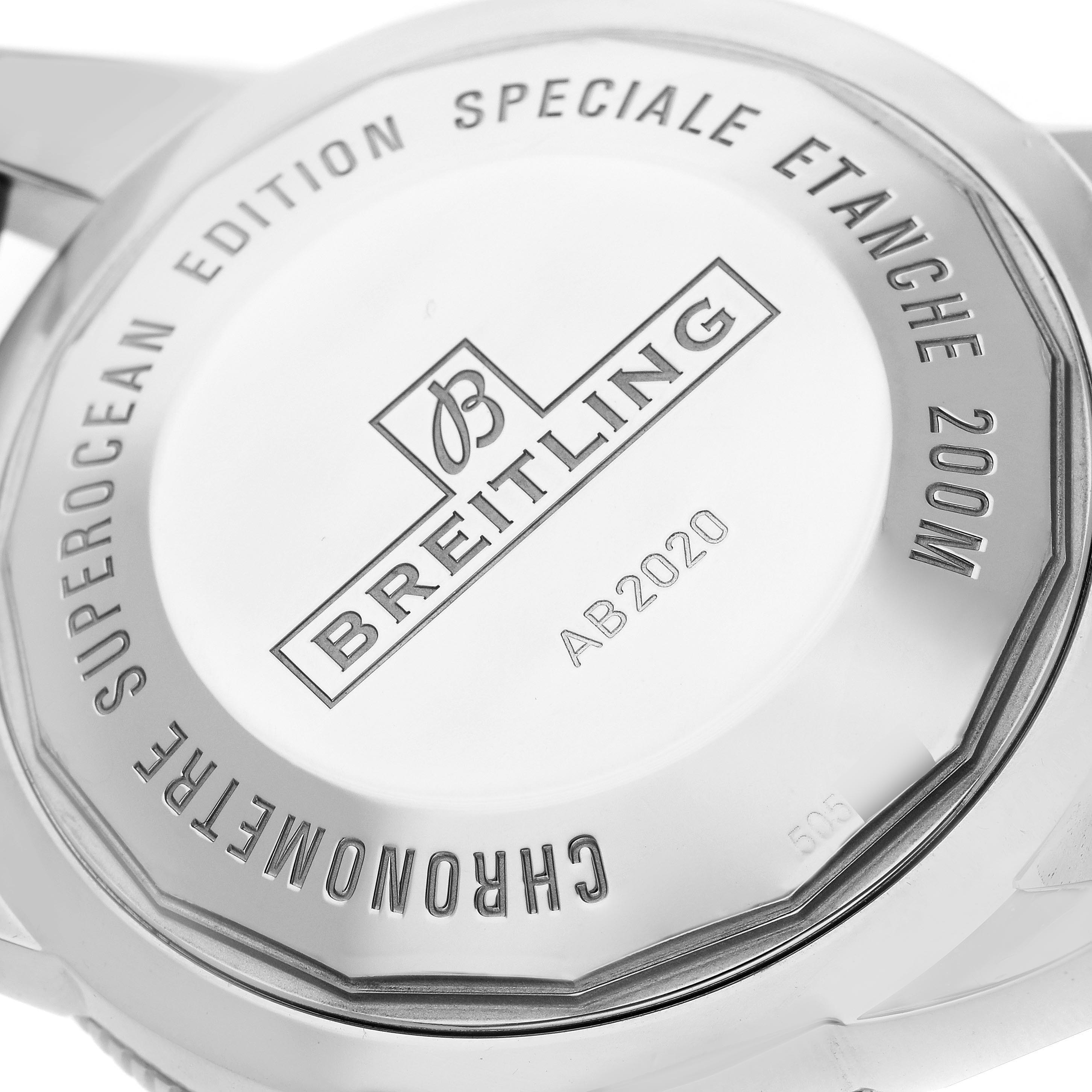 The image shows the back case of a Breitling Superocean AB202012-B1S1 Men
s Stainless Steel Black Dial AB202012-B1S1 Men
s Stainless Steel Black Dial watch with engraved details and branding.