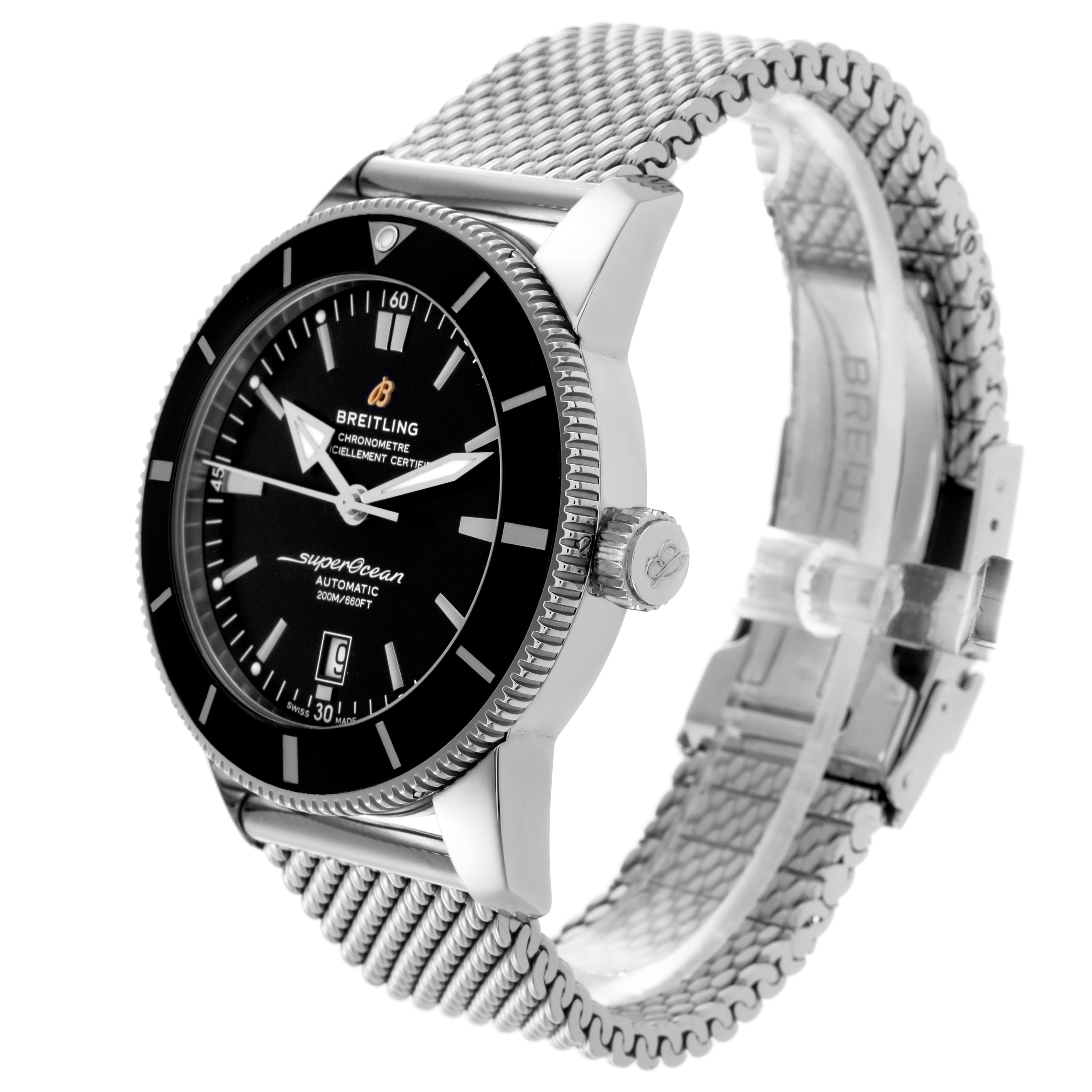 The Breitling Superocean AB202012-B1S1 Men
s Stainless Steel Black Dial AB202012-B1S1 Men
s Stainless Steel Black Dial watch is shown at a three-quarter angle, highlighting the face, bezel, crown, and mesh bracelet.