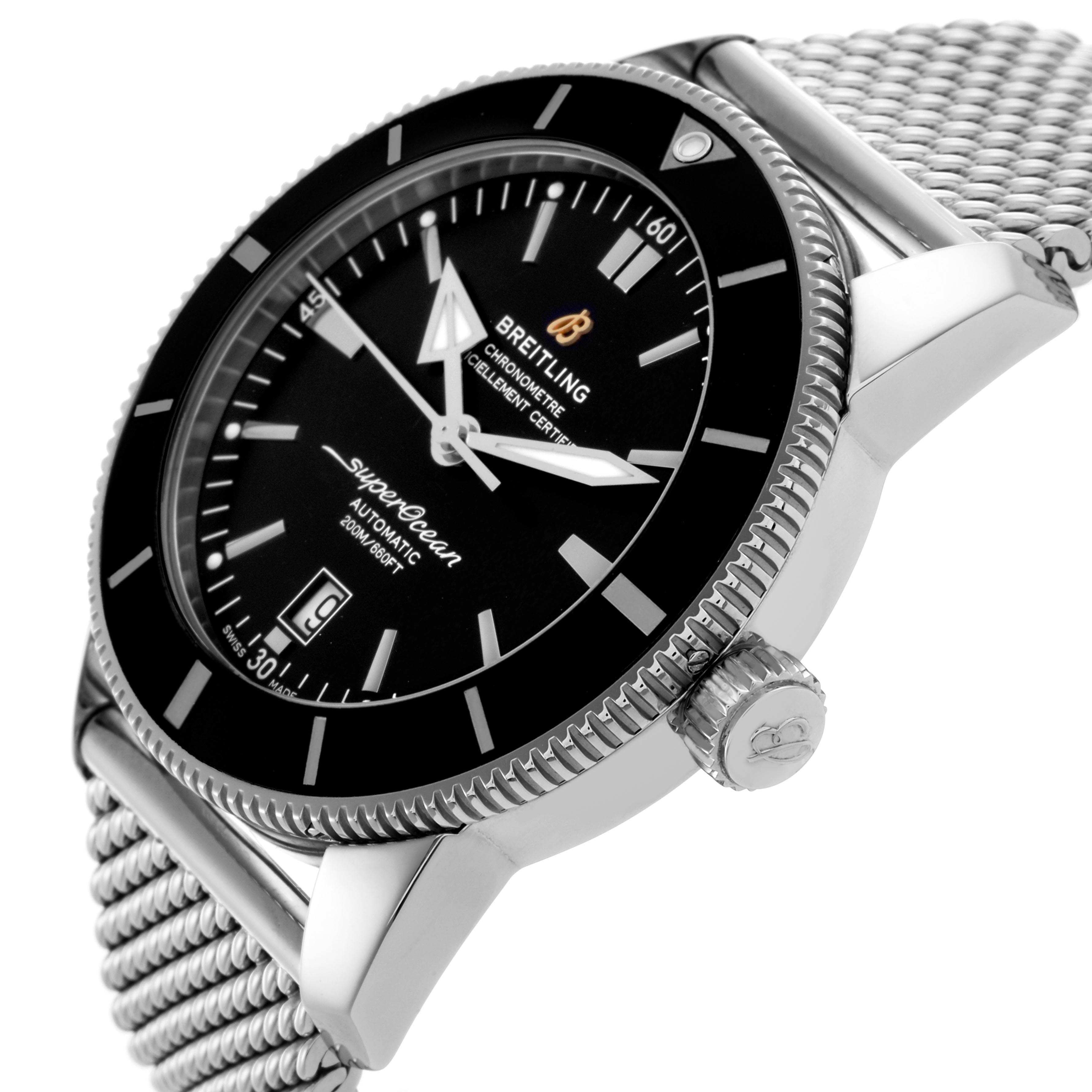 The Breitling Superocean AB202012-B1S1 Men
s Stainless Steel Black Dial AB202012-B1S1 Men
s Stainless Steel Black Dial watch is angled to show the side, bezel, dial, crown, and mesh strap.