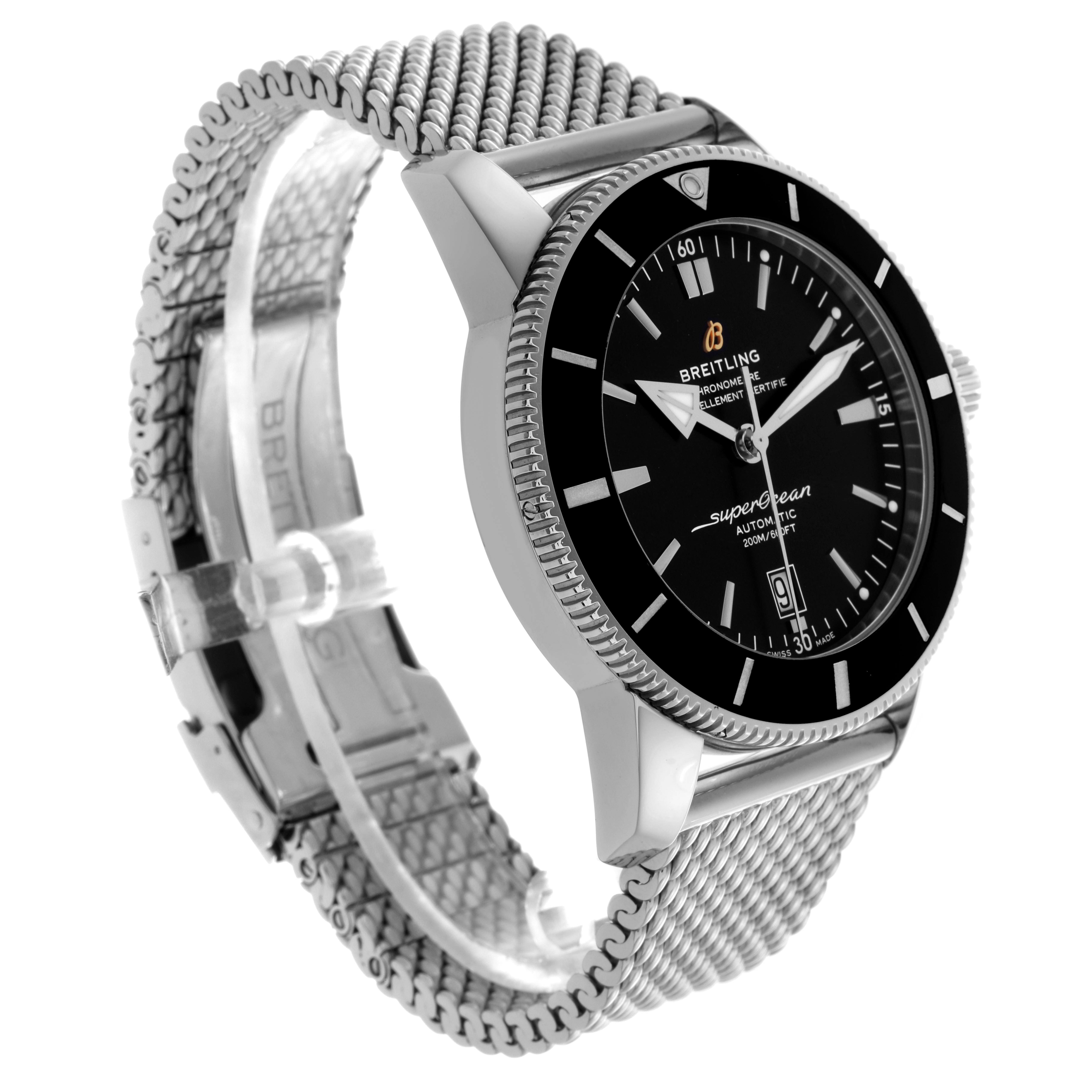 The Breitling Superocean AB202012-B1S1 Men
s Stainless Steel Black Dial AB202012-B1S1 Men
s Stainless Steel Black Dial watch is shown at a three-quarter angle, highlighting the face, bezel, and metal mesh bracelet.