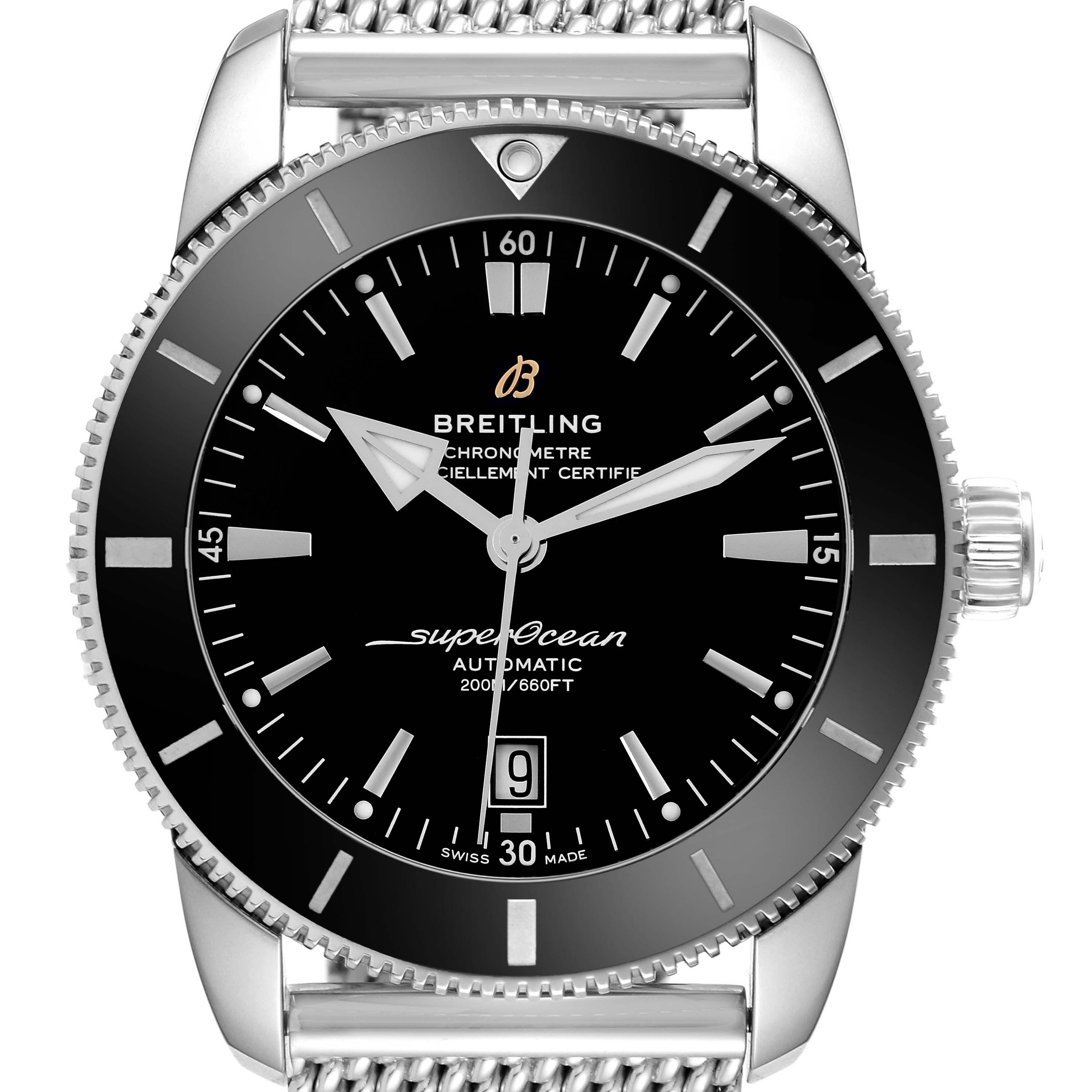 The Breitling Superocean AB202012-B1S1 Men
s Stainless Steel Black Dial AB202012-B1S1 Men
s Stainless Steel Black Dial watch is shown from a front angle, displaying the dial, crown, bezel, and a portion of the bracelet.