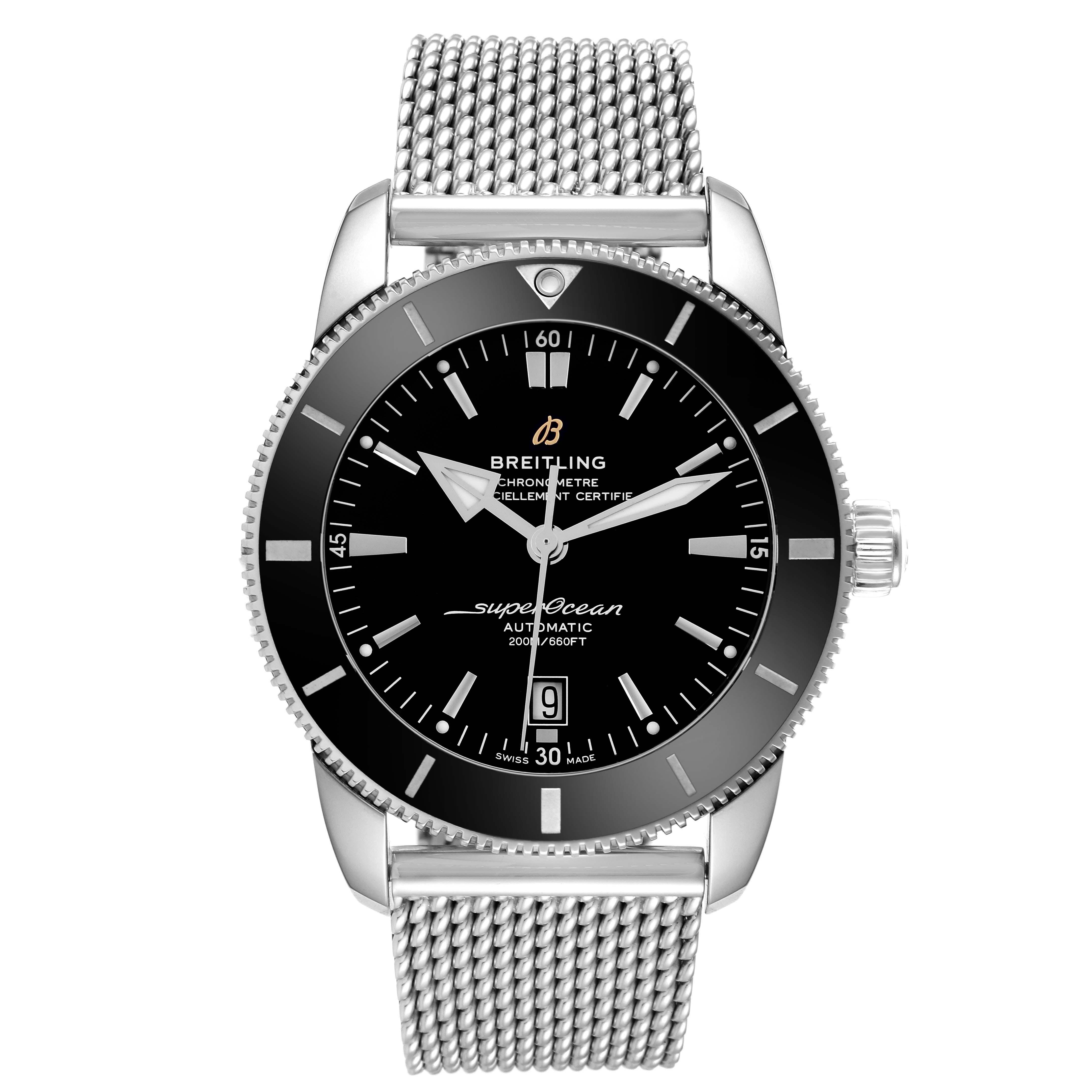 The Breitling Superocean AB202012-B1S1 Men
s Stainless Steel Black Dial AB202012-B1S1 Men
s Stainless Steel Black Dial watch is shown from the front, displaying its dial, bezel, and mesh bracelet.