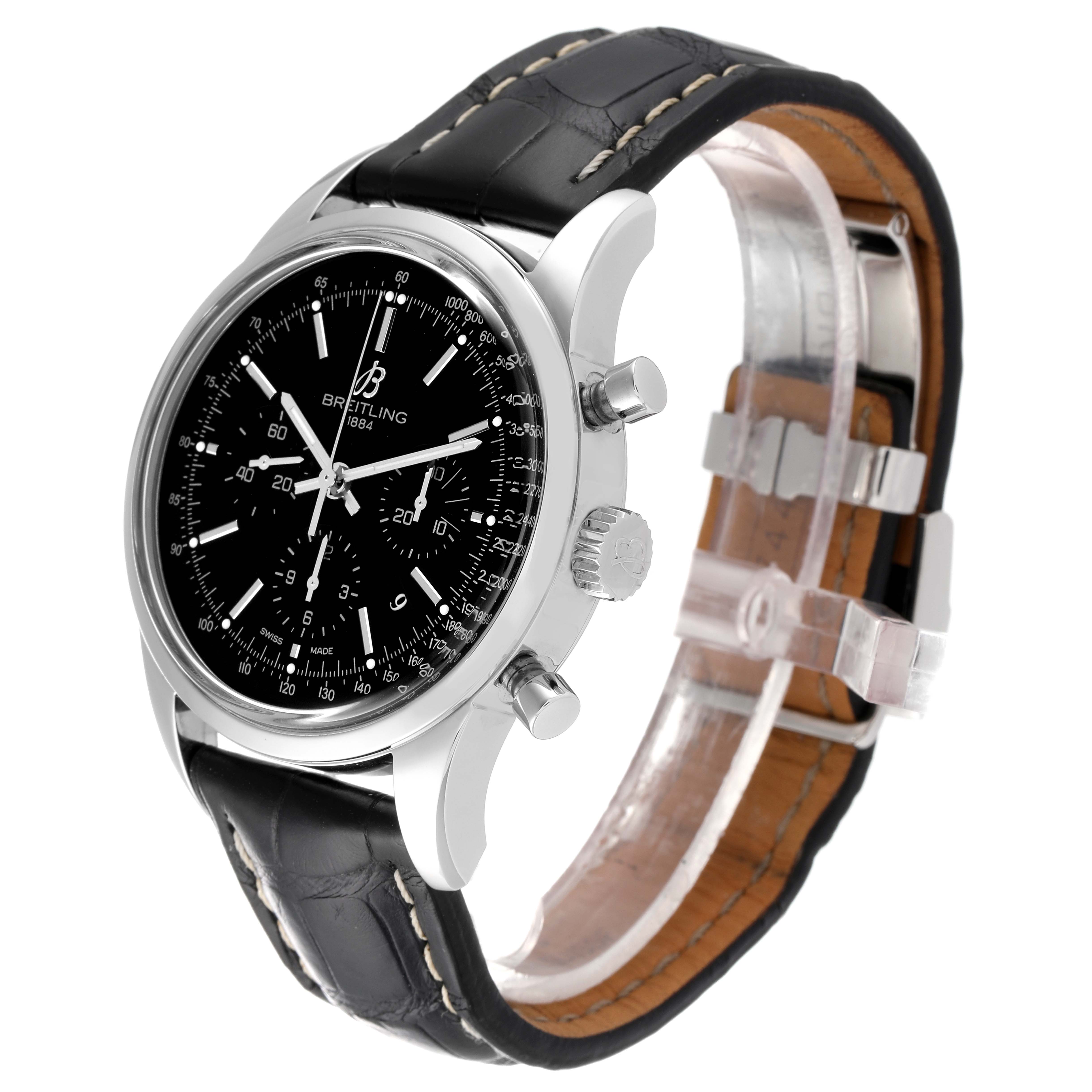 The image shows a Breitling Transocean AB015212/BA99-435X Men's Stainless Steel Black Dial AB015212/BA99-435X Men's Stainless Steel Black Dial watch at a three-quarter angle, displaying the face, case, crown, pushers, and leather strap.