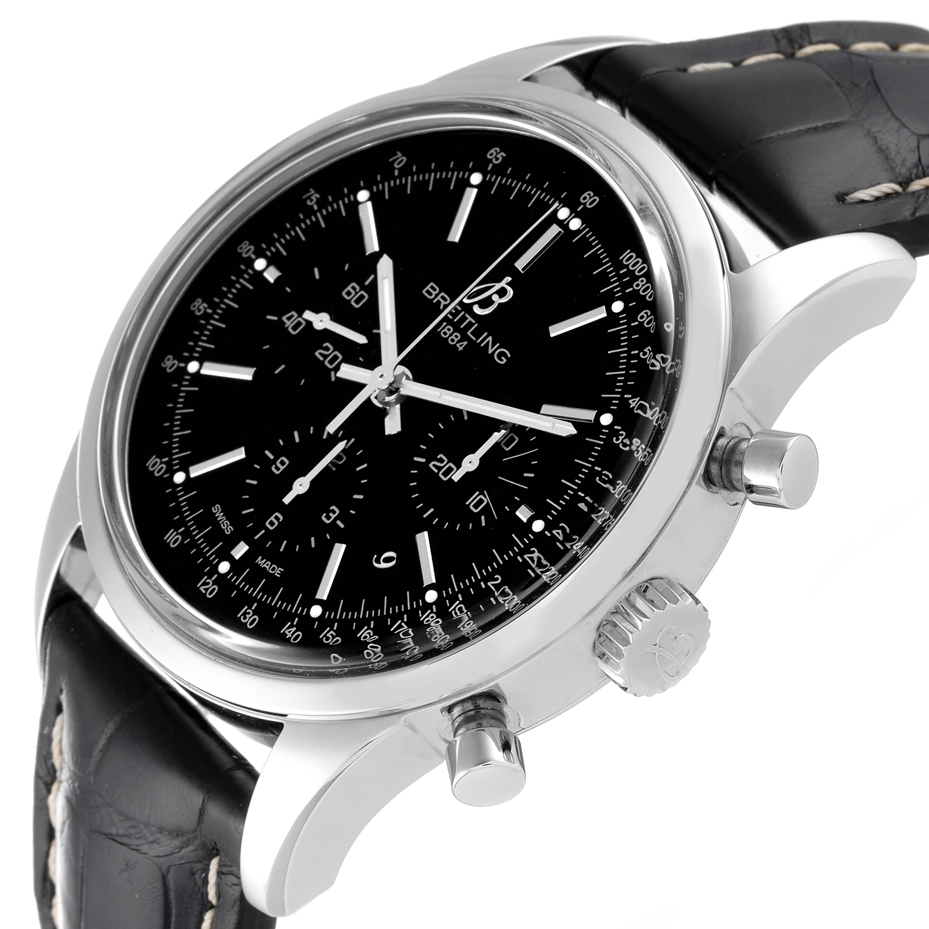 The Breitling Transocean AB015212/BA99-435X Men's Stainless Steel Black Dial AB015212/BA99-435X Men's Stainless Steel Black Dial watch is shown at an angled view, displaying its black dial, stainless steel case, and leather strap.
