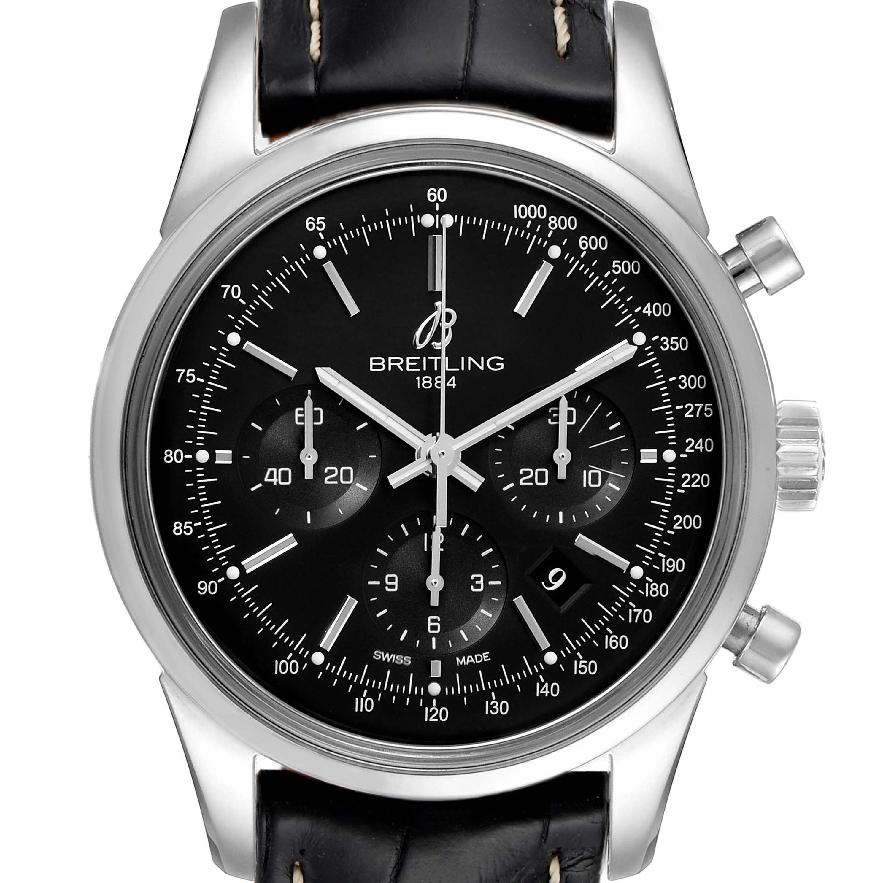 The image shows a front view of a Breitling Transocean AB015212/BA99-435X Men's Stainless Steel Black Dial AB015212/BA99-435X Men's Stainless Steel Black Dial watch displaying its face, bezel, crown, push buttons, and leather strap.