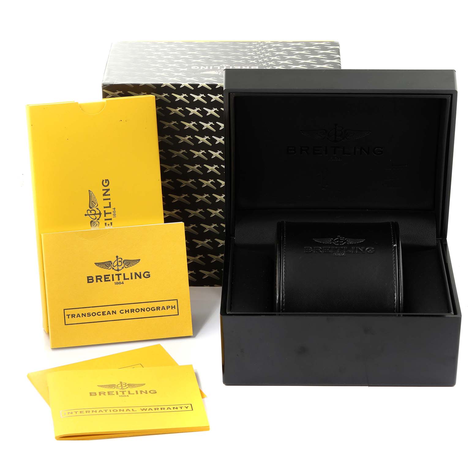 The image shows the Breitling Transocean AB015212/BA99-435X Men's Stainless Steel Black Dial AB015212/BA99-435X Men's Stainless Steel Black Dial Chronograph watch box and accompanying booklets from a front angle.