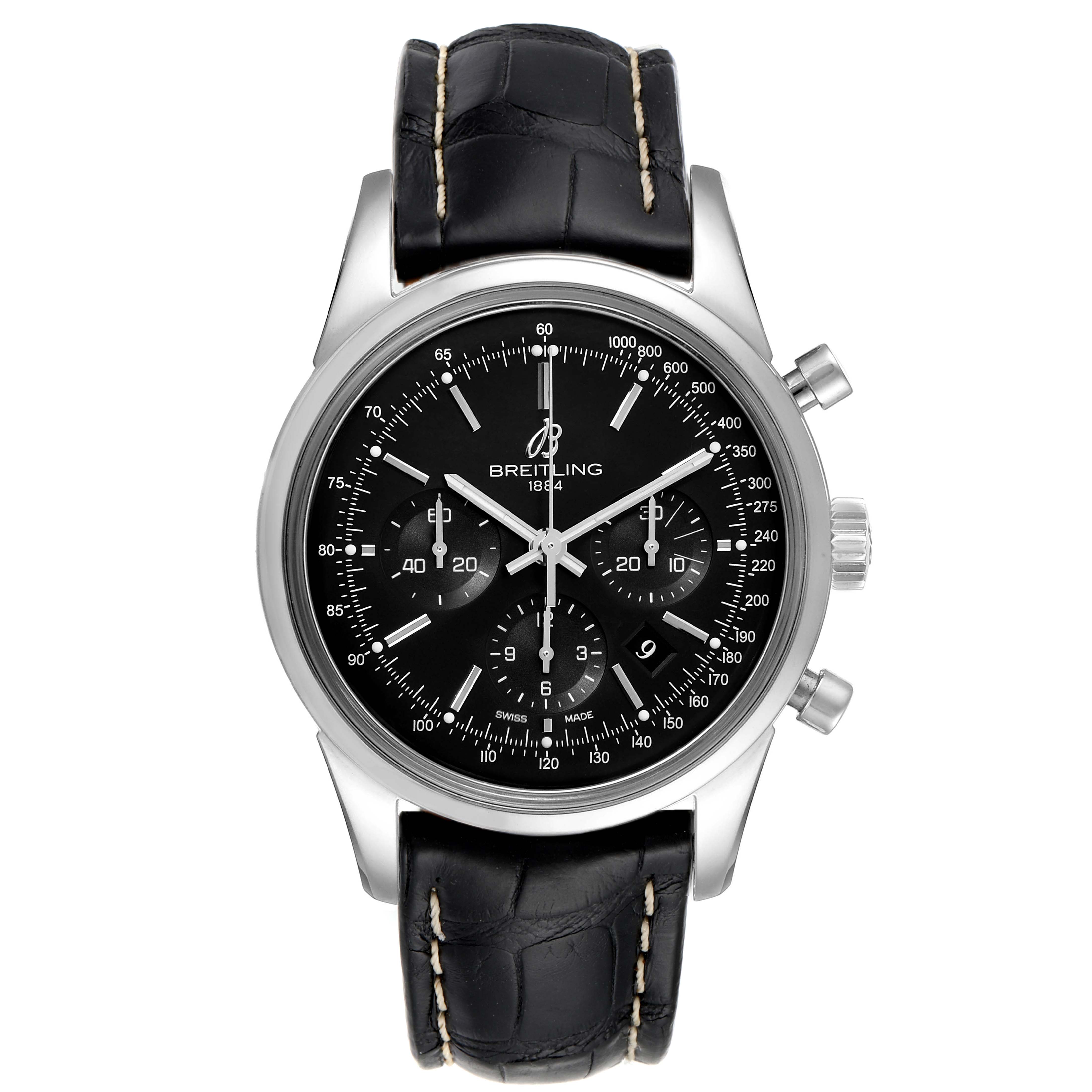 The image shows a front view of a Breitling Transocean AB015212/BA99-435X Men's Stainless Steel Black Dial AB015212/BA99-435X Men's Stainless Steel Black Dial watch with a black leather strap and black dial.