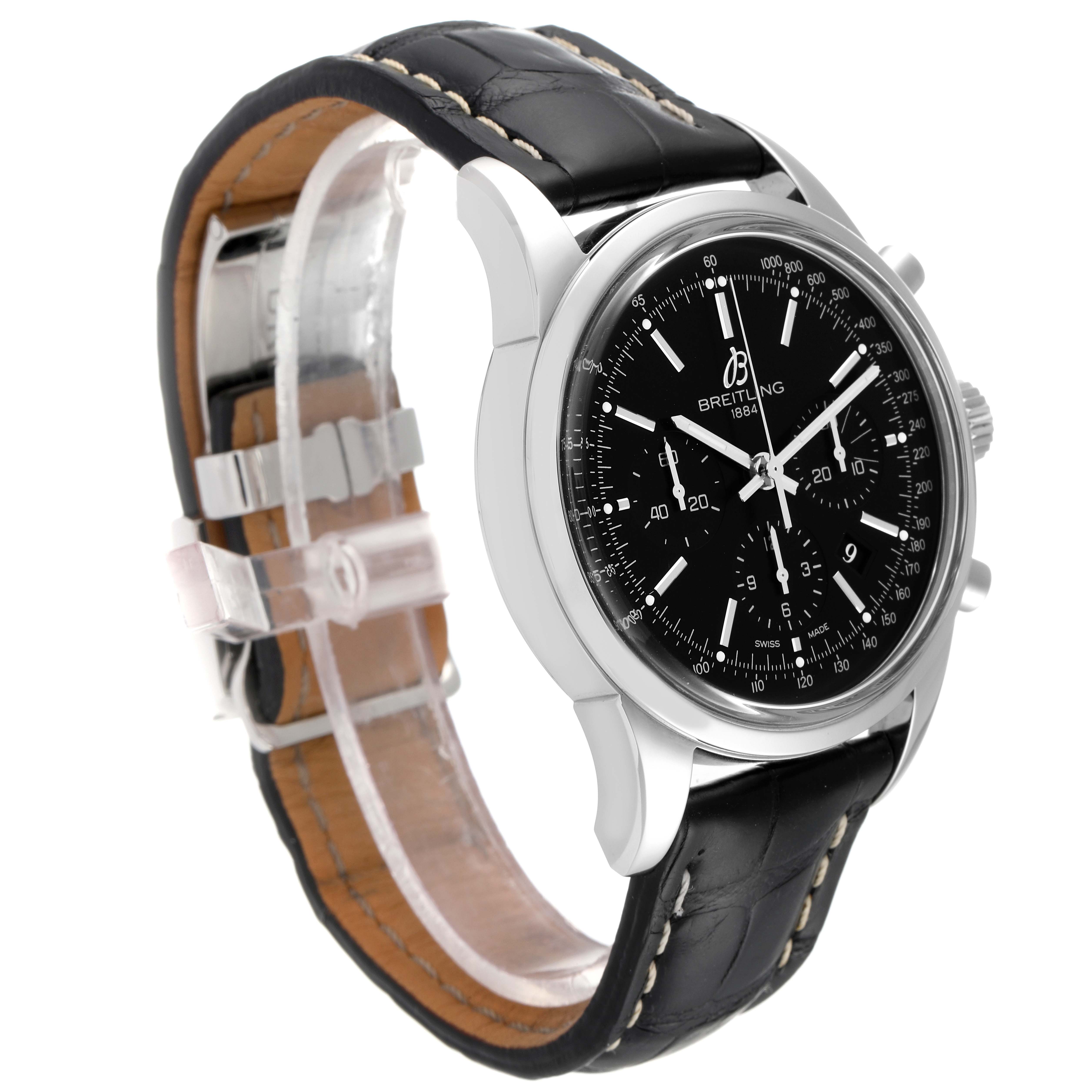 This image shows a side angle of the Breitling Transocean AB015212/BA99-435X Men's Stainless Steel Black Dial AB015212/BA99-435X Men's Stainless Steel Black Dial watch, highlighting its black dial, stainless steel case, and black leather strap.