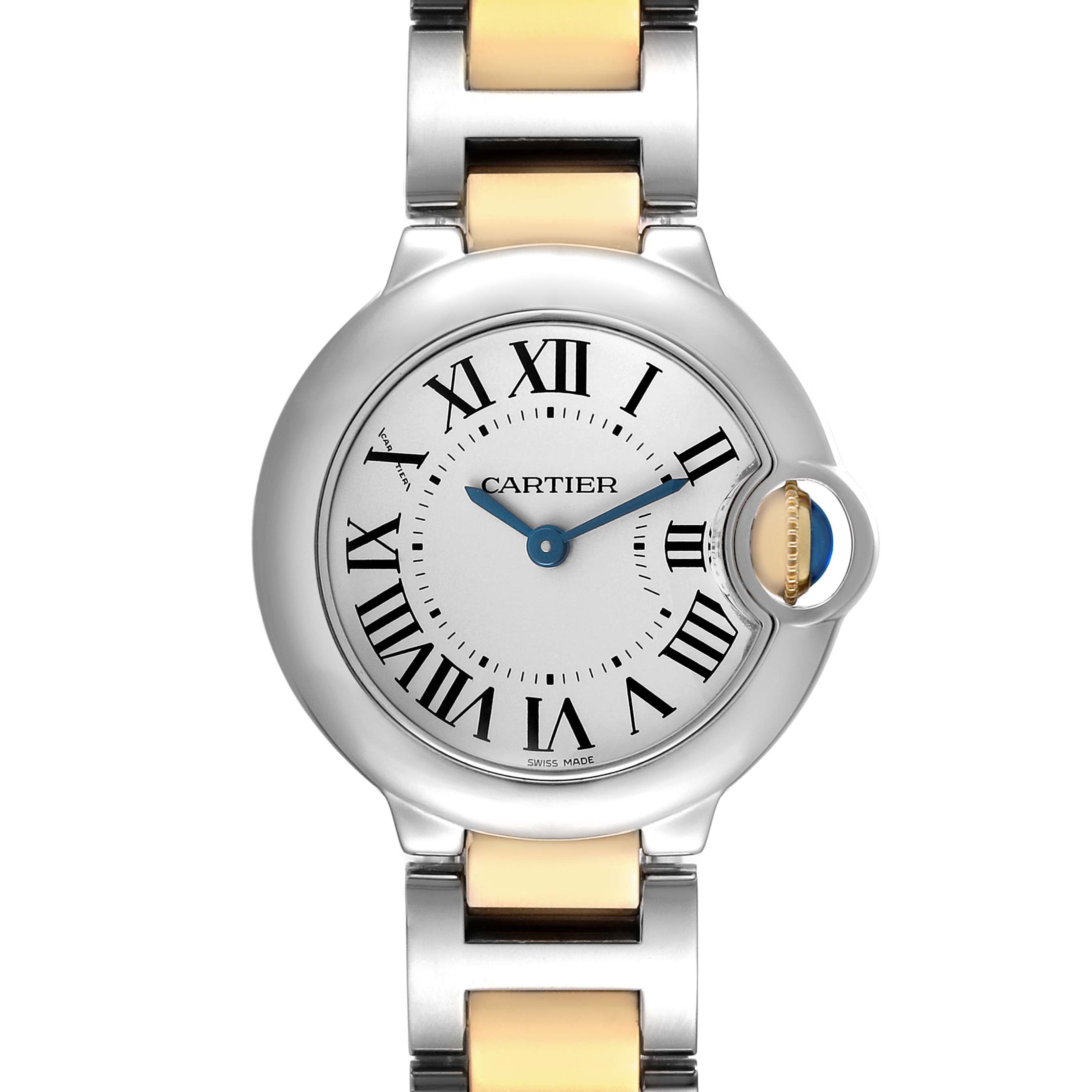 The Cartier Ballon Bleu W69007Z3 Women's Stainless Steel Silver Dial watch is shown in a front view, highlighting the dial, Roman numerals, and metal bracelet.