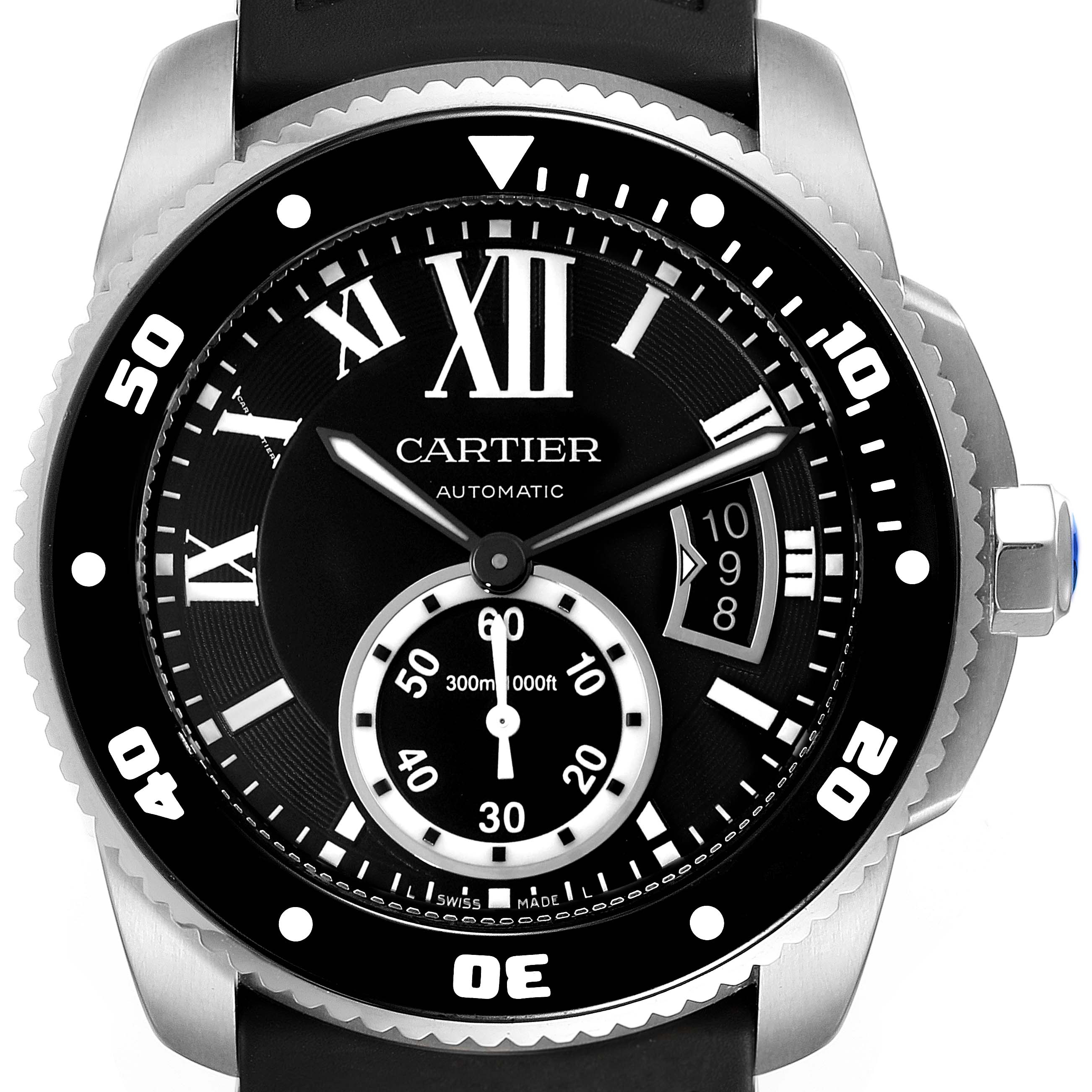 The image shows a front view of the Calibre de Cartier watch by Cartier, highlighting its dial, bezel, and crown.