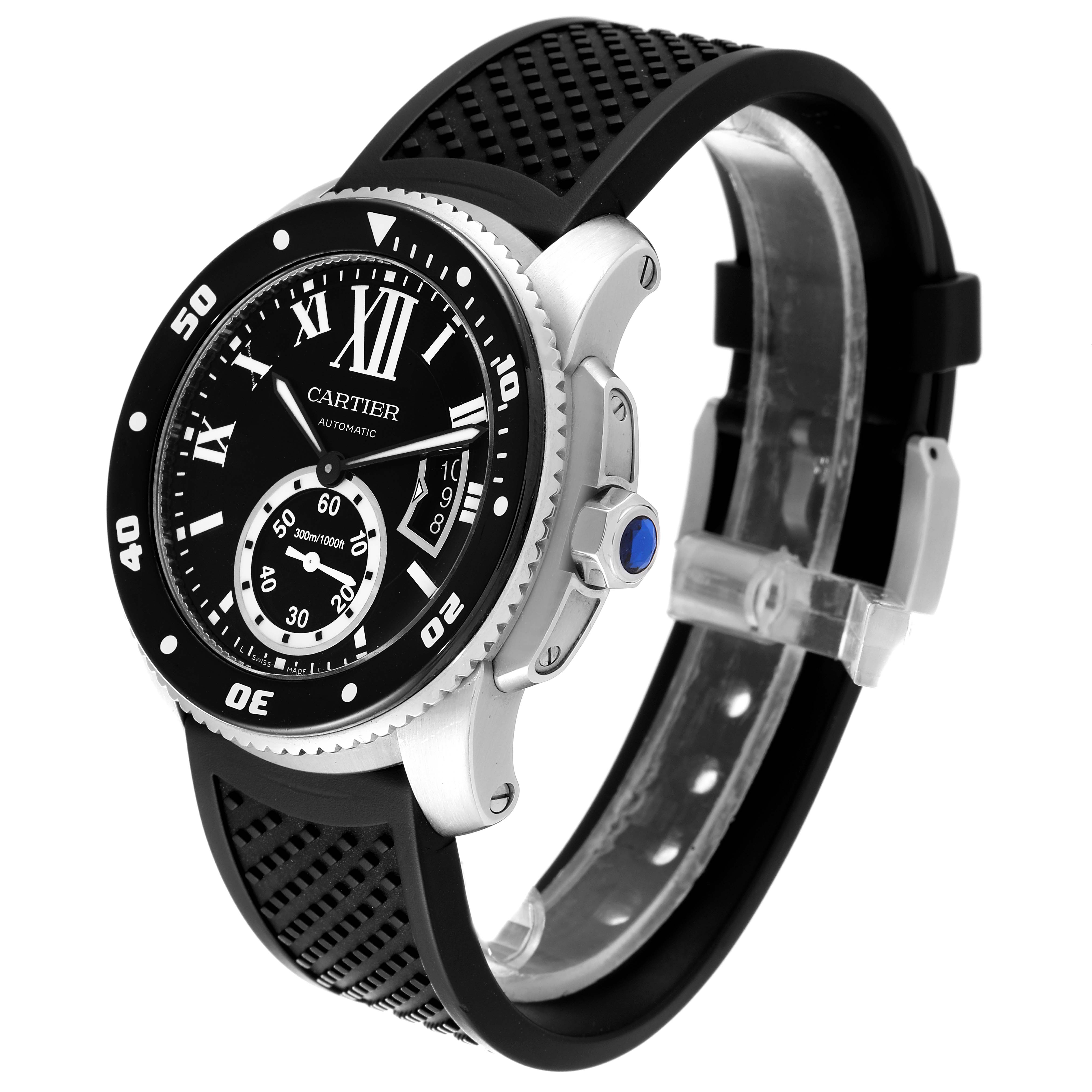 The image shows a side view of the Calibre de Cartier watch by Cartier, highlighting the face, bezel, and strap.