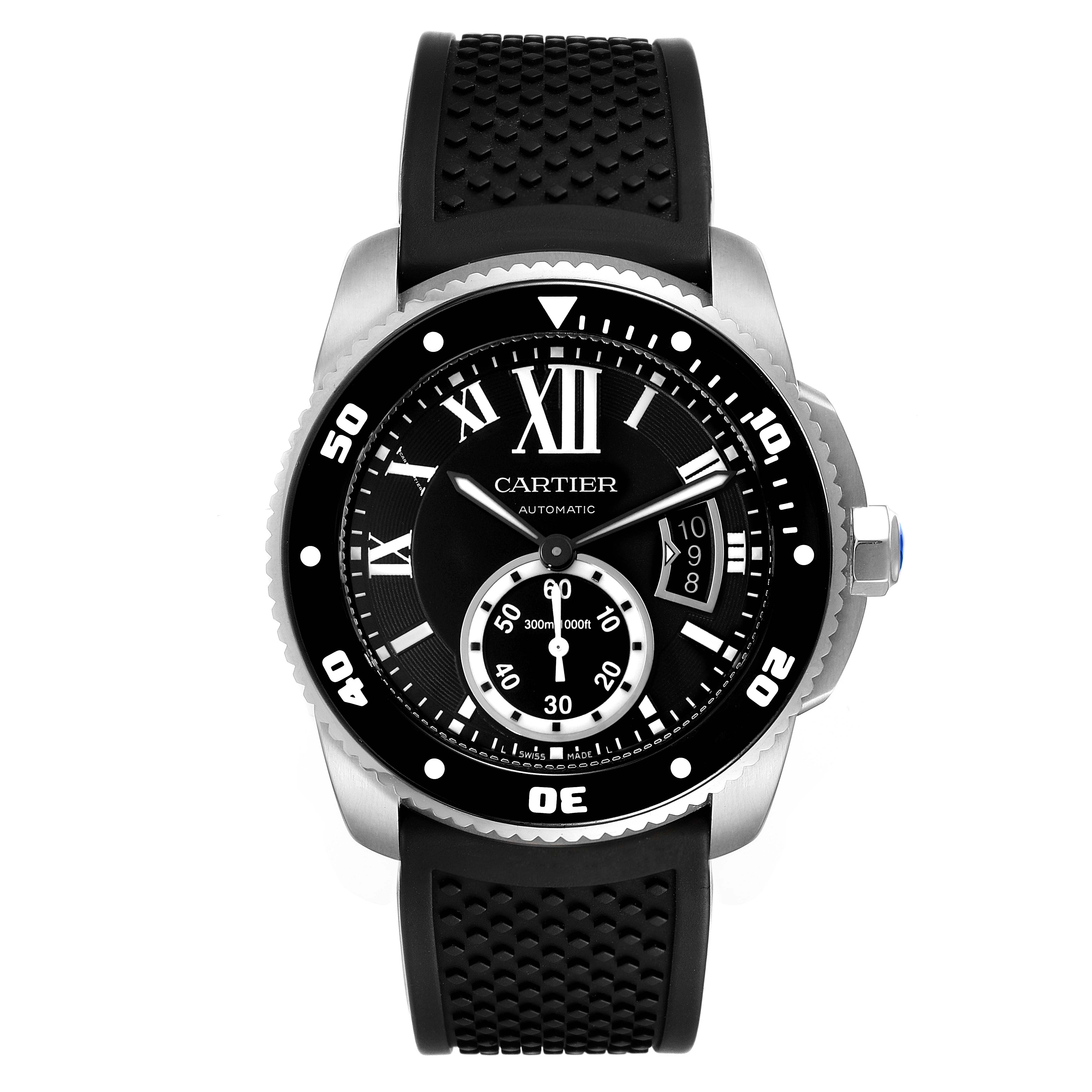 The image shows a front view of the Calibre de Cartier watch by Cartier, displaying the dial, bezel, and strap.