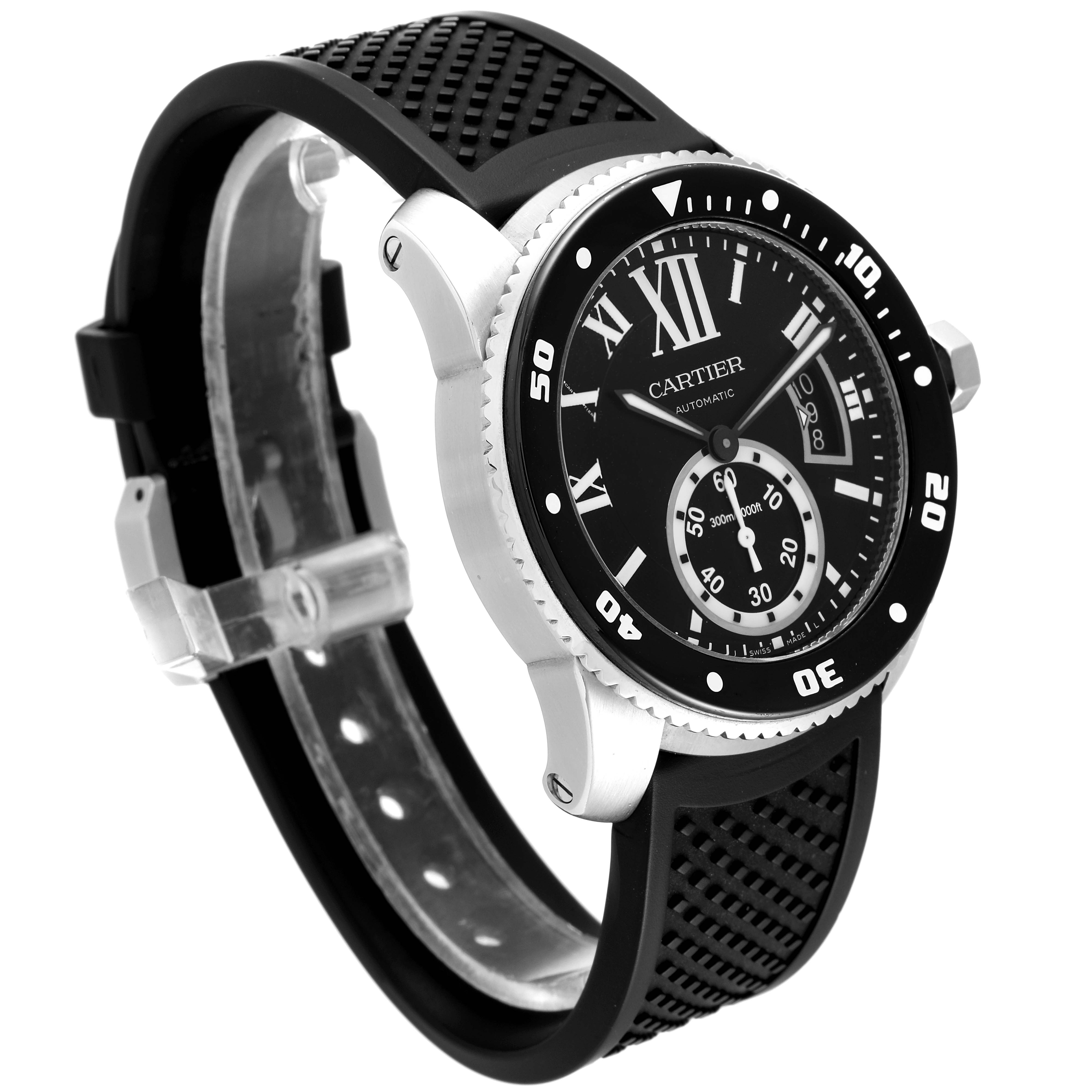 The image shows a side and slightly angled top view of a Calibre de Cartier watch by Cartier, highlighting the face, bezel, and strap.