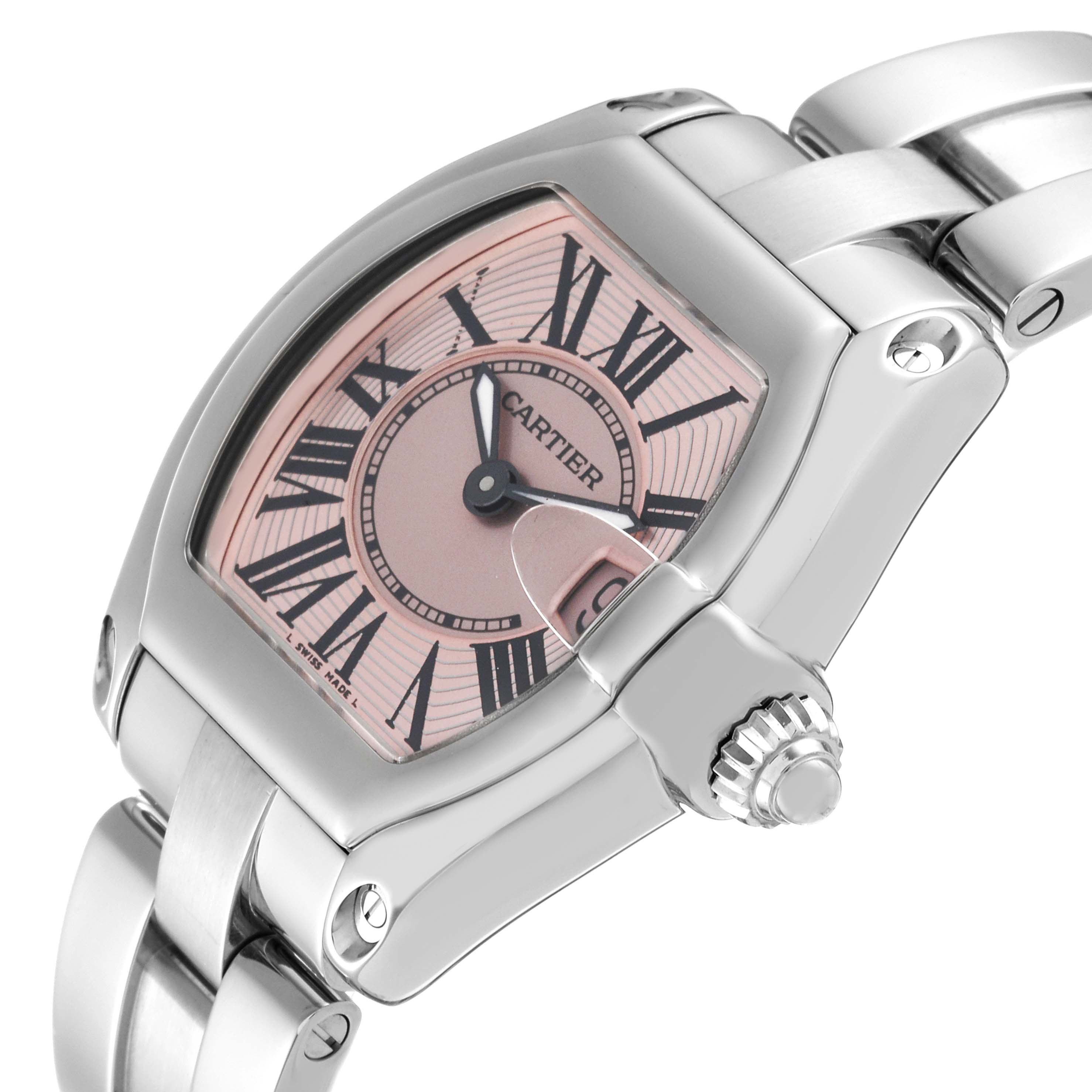 The image shows a Cartier Roadster W62017V3 Women's Stainless Steel Pink Dial W62017V3 Women's Stainless Steel Pink Dial watch angled to display the dial, crown, and part of the bracelet.