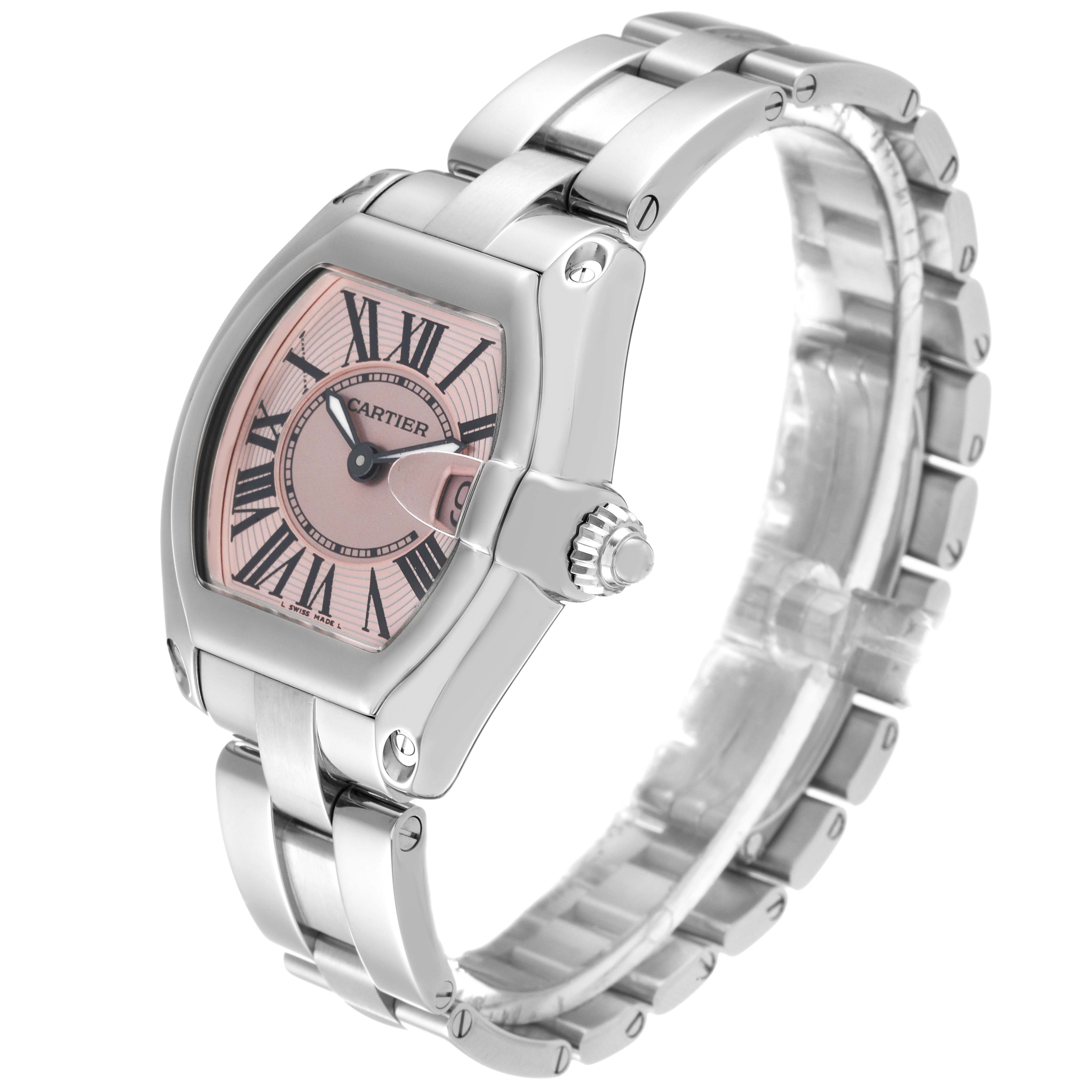 The image shows a Cartier Roadster W62017V3 Women's Stainless Steel Pink Dial W62017V3 Women's Stainless Steel Pink Dial watch angled from the front and slightly to the right, displaying its pink dial and metal bracelet.