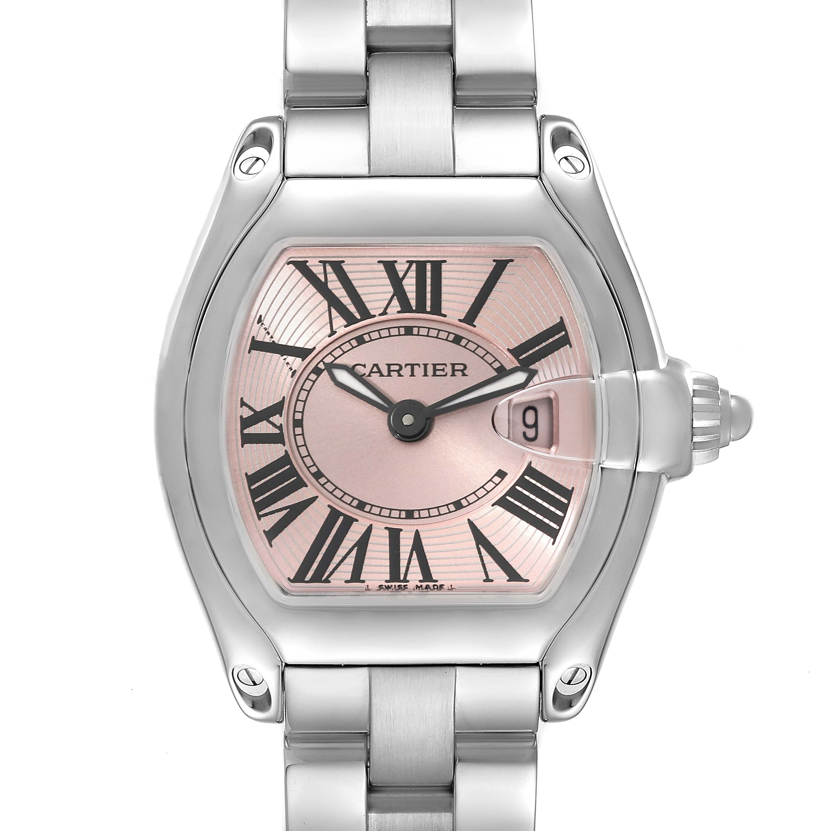 This image shows a front view of the Cartier Roadster W62017V3 Women's Stainless Steel Pink Dial W62017V3 Women's Stainless Steel Pink Dial watch, highlighting the dial, case, and part of the bracelet.