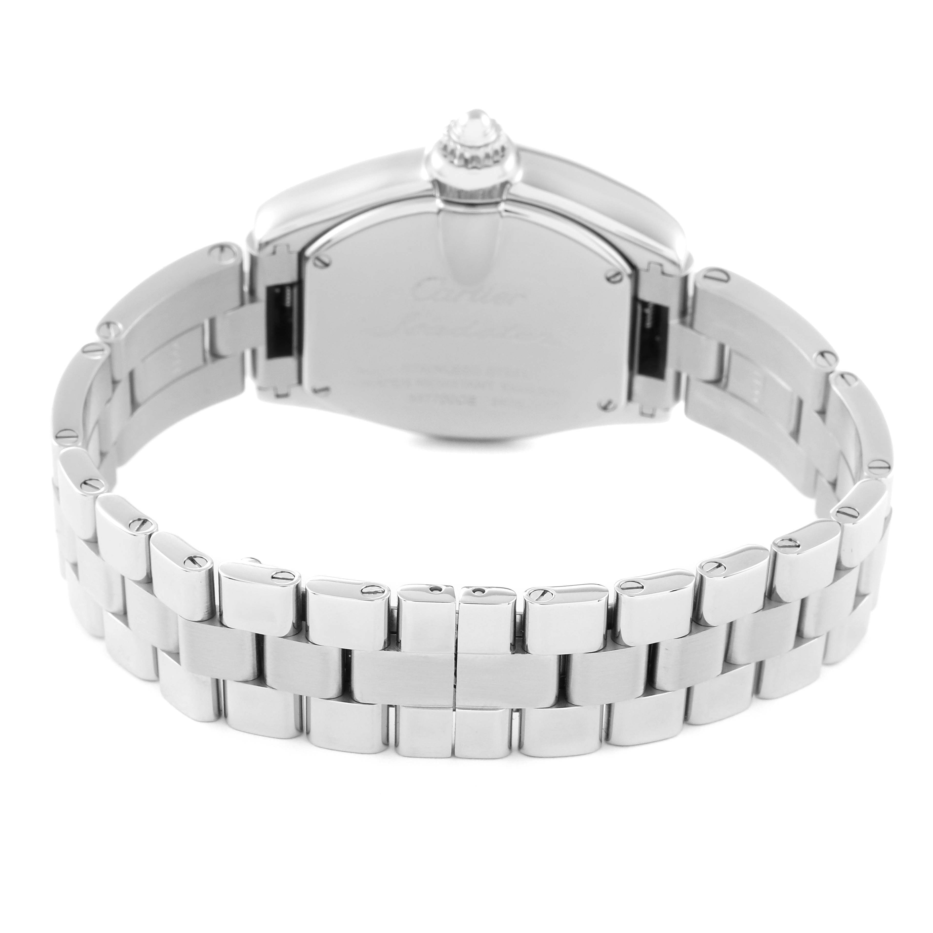 The image displays the back view of the Cartier Roadster W62017V3 Women's Stainless Steel Pink Dial W62017V3 Women's Stainless Steel Pink Dial watch, showcasing the bracelet and clasp.