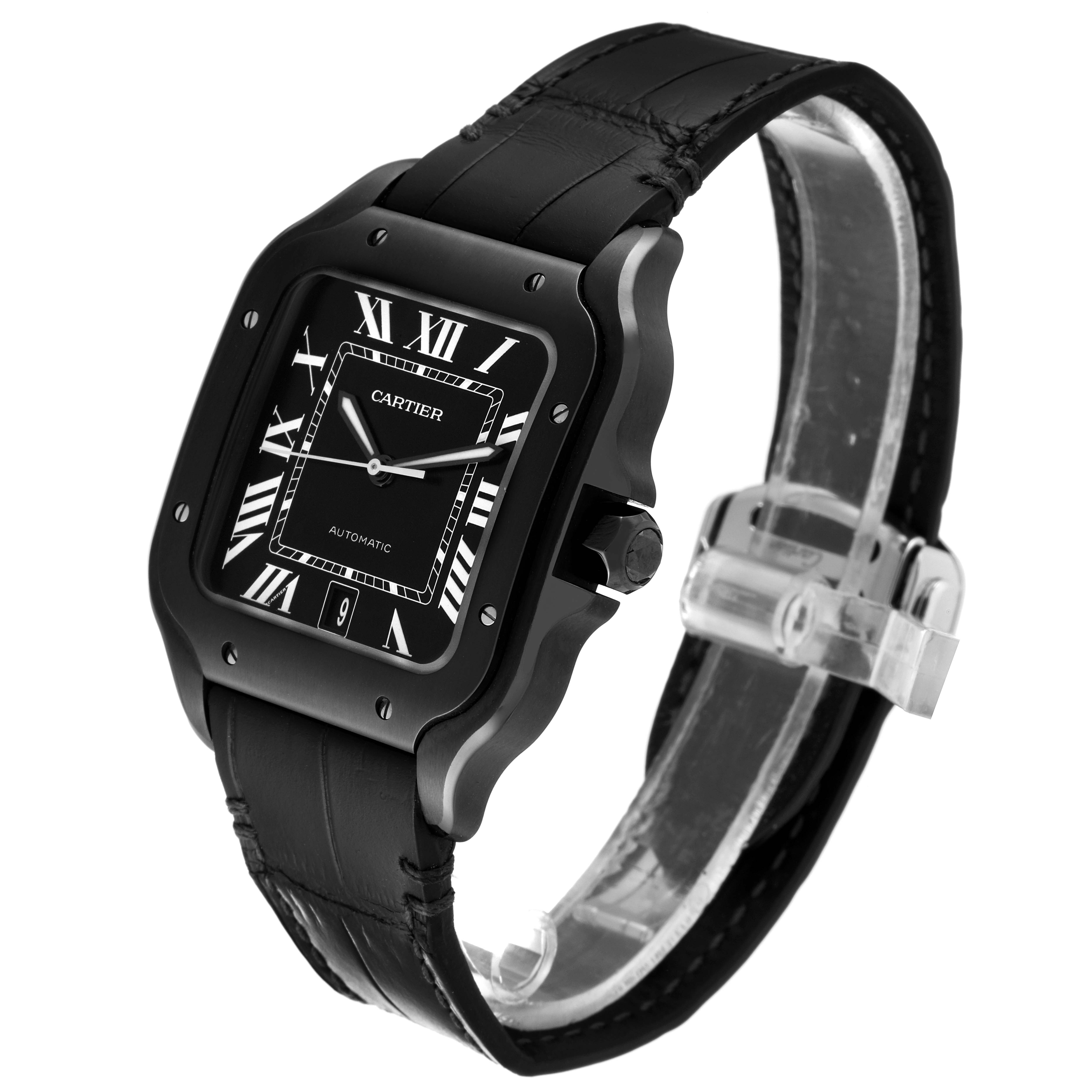 This Cartier Santos WSSA0039 Men's Stainless Steel Black Dial WSSA0039 Men's Stainless Steel Black Dial watch is shown at a three-quarter angle, displaying its black case, Roman numeral dial, and leather strap.