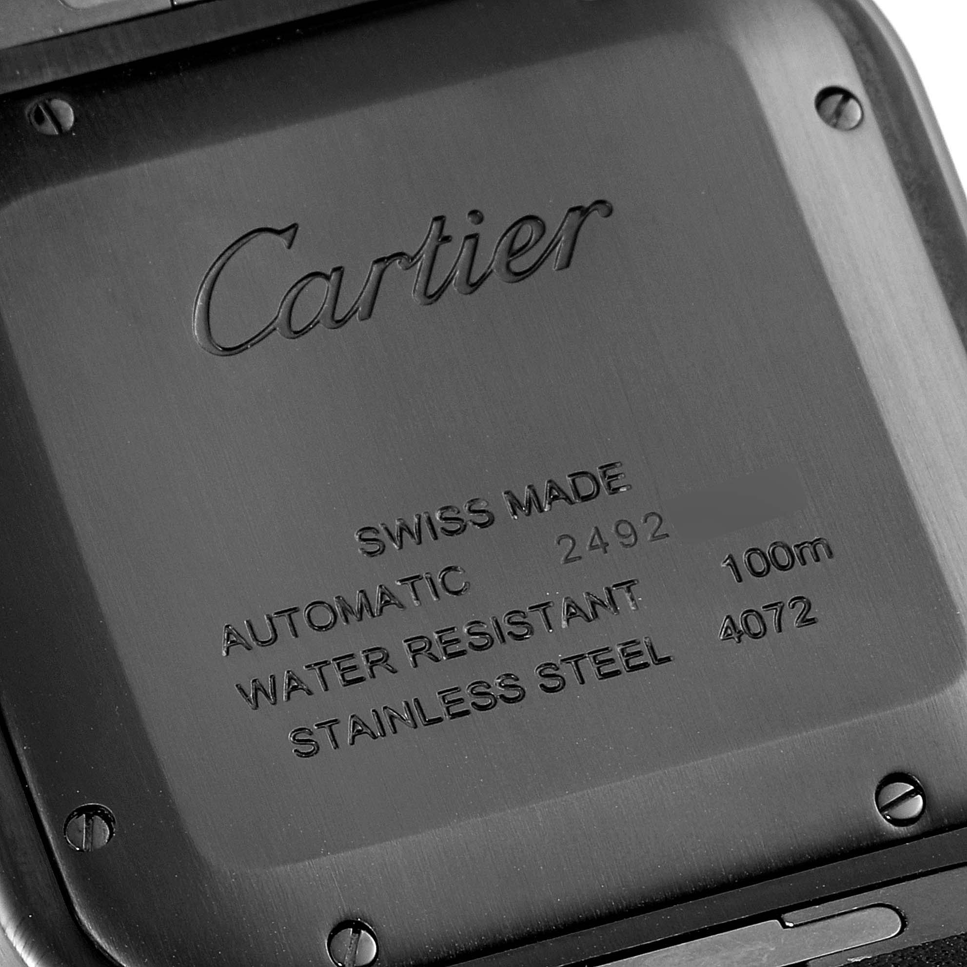 This image shows the back case of a Santos model watch by Cartier, displaying brand, specifications, and screws.