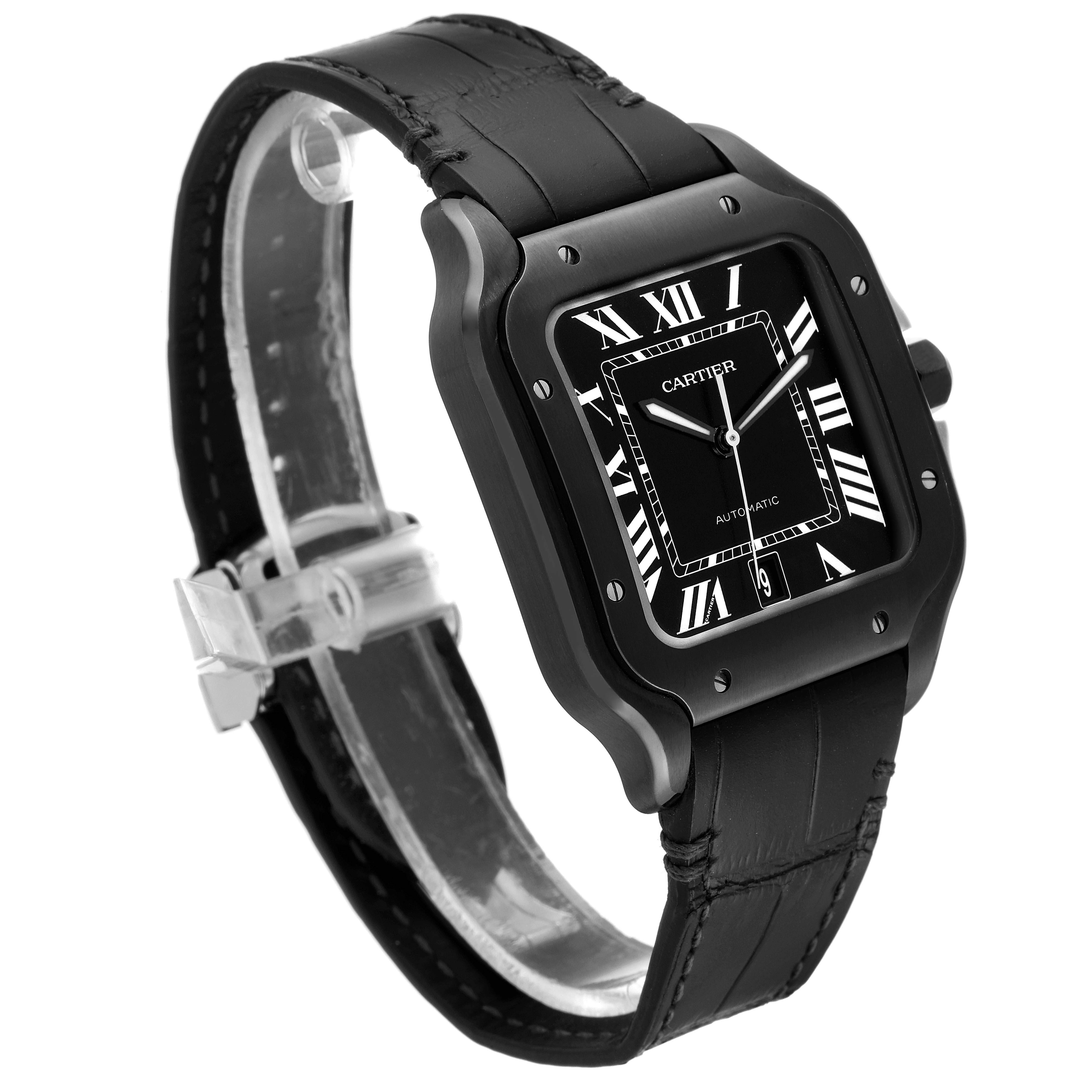 This image shows a Cartier Santos WSSA0039 Men's Stainless Steel Black Dial WSSA0039 Men's Stainless Steel Black Dial watch at a slightly angled view, highlighting its face, case, and strap.