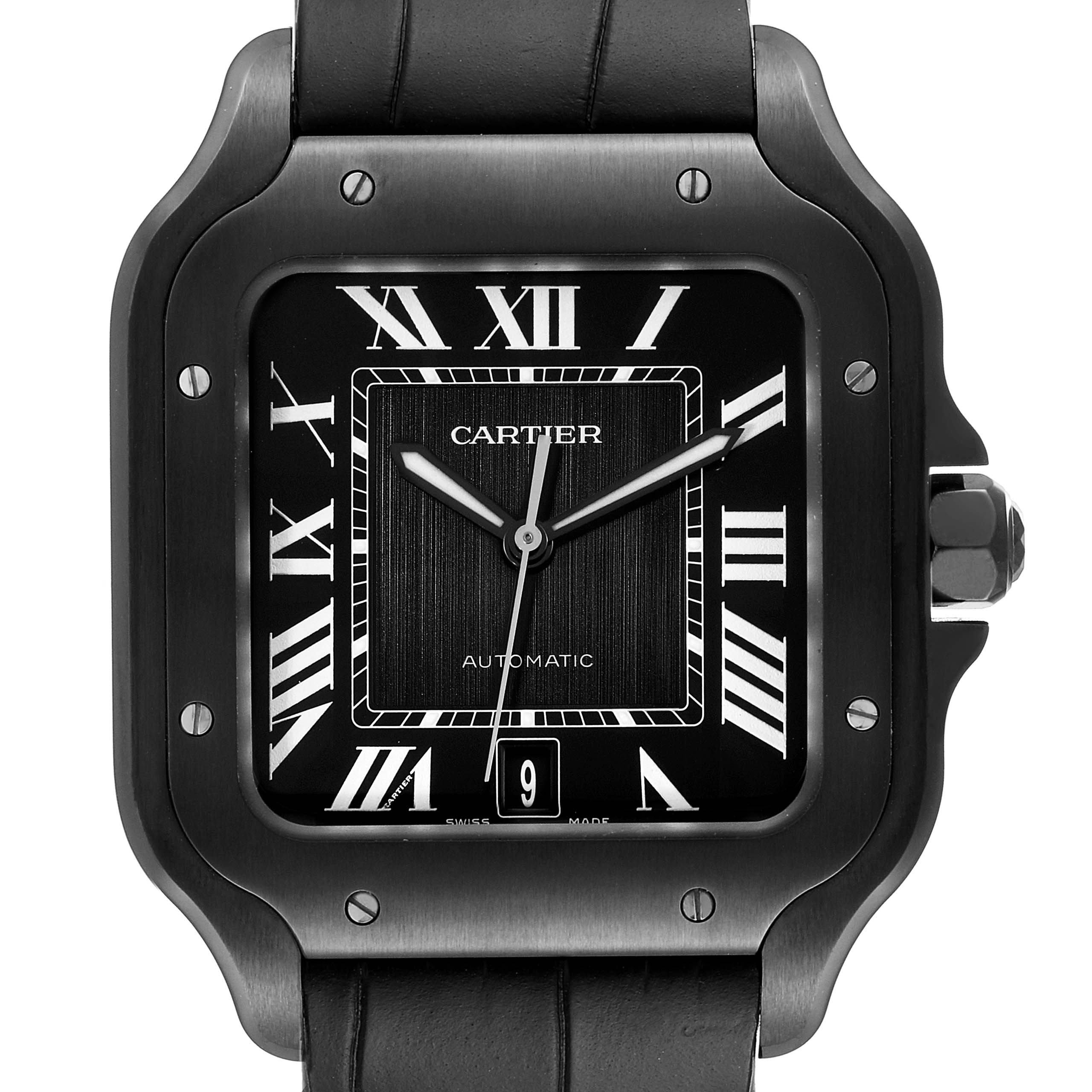 The image shows a front view of a Cartier Santos WSSA0039 Men's Stainless Steel Black Dial WSSA0039 Men's Stainless Steel Black Dial model watch, displaying the face, hands, and date window.