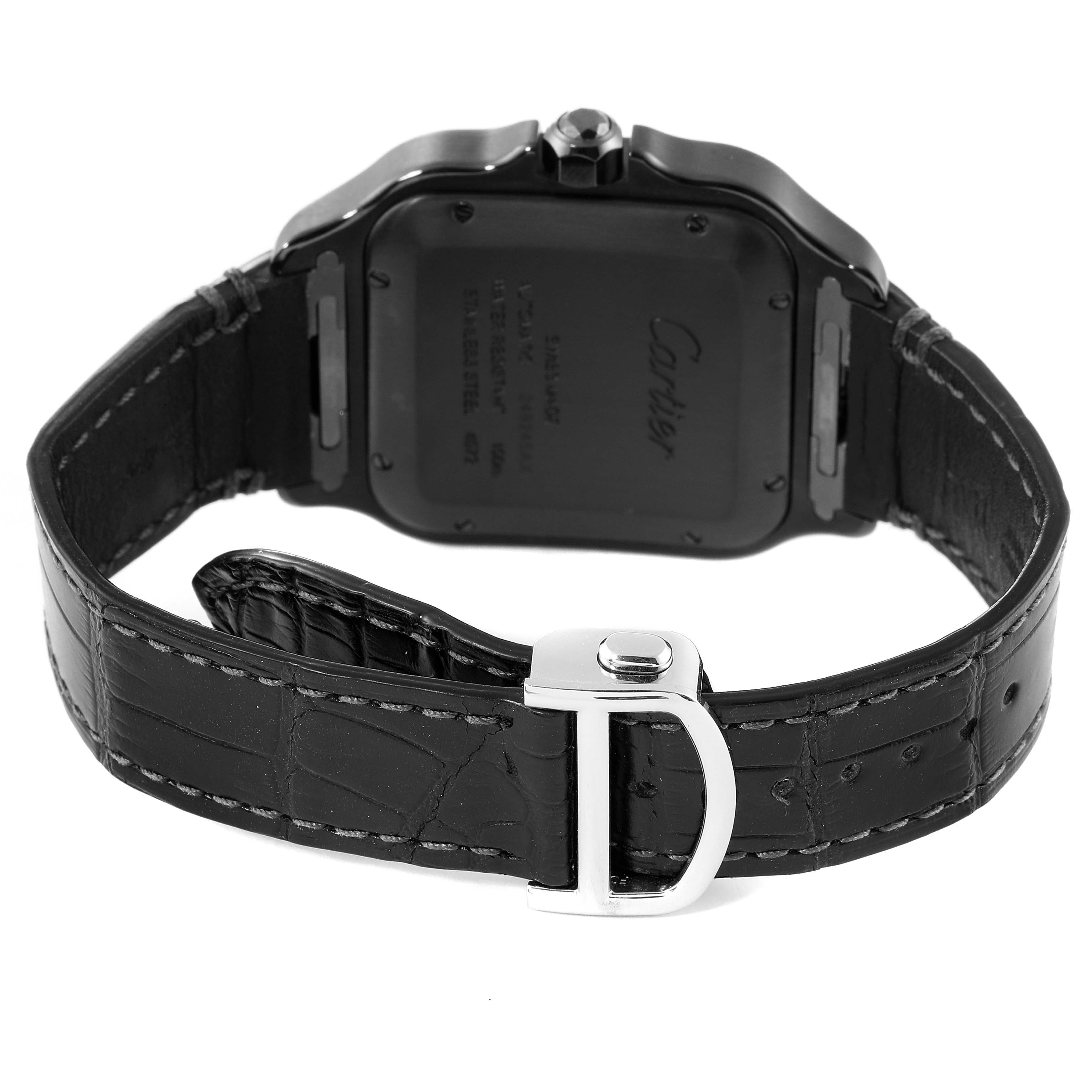 This image shows the back of a Cartier Santos WSSA0039 Men's Stainless Steel Black Dial WSSA0039 Men's Stainless Steel Black Dial model watch with a black leather strap and clasp.