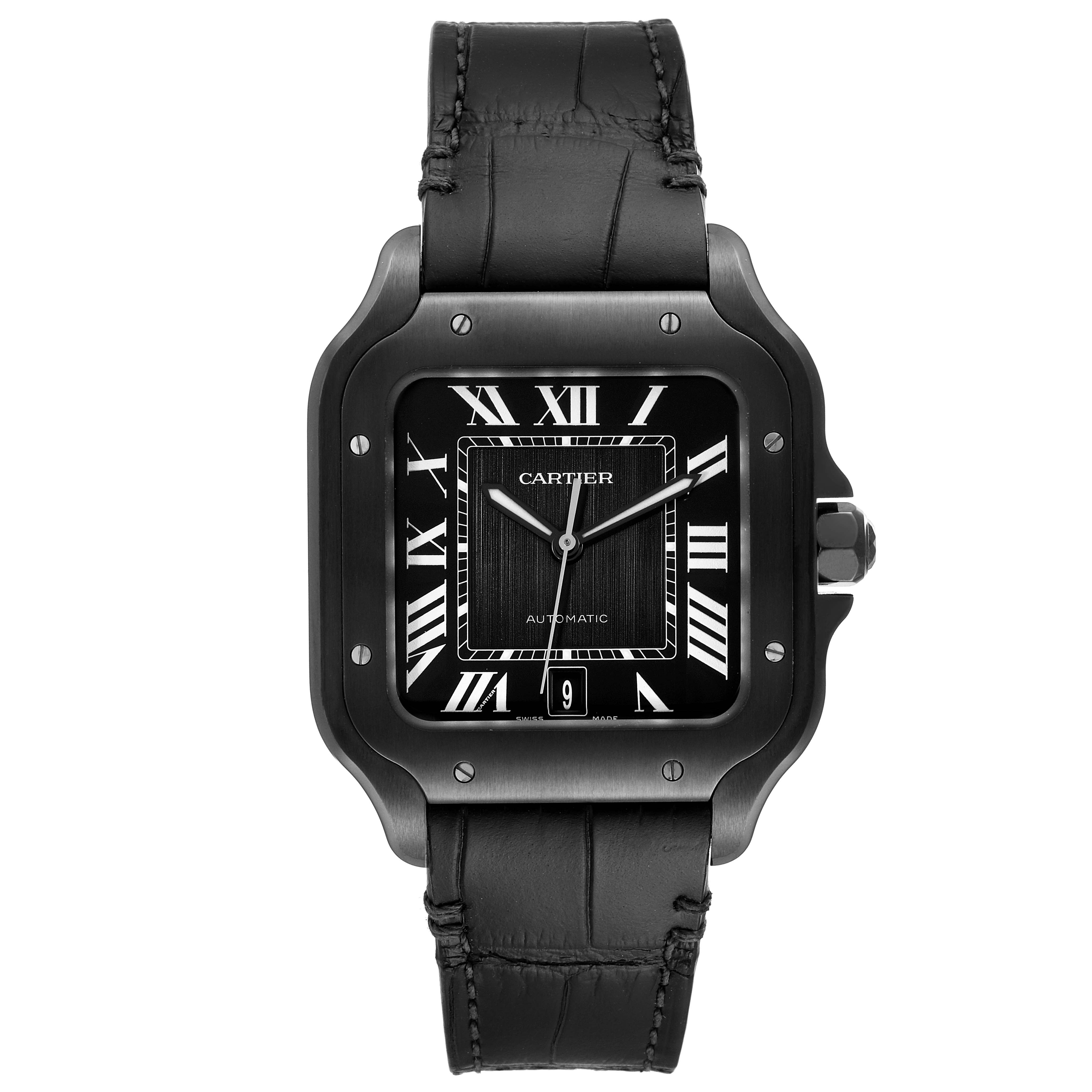 The Cartier Santos WSSA0039 Men's Stainless Steel Black Dial WSSA0039 Men's Stainless Steel Black Dial watch shown is a front view, featuring a black dial, roman numerals, and a black leather strap.