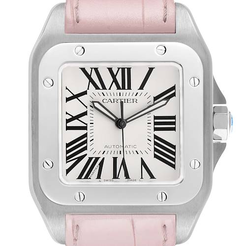 The Cartier Santos W20073X8 Men's Stainless Steel Silver Dial watch is shown from the front, highlighting its square face, bezel, and pink strap.