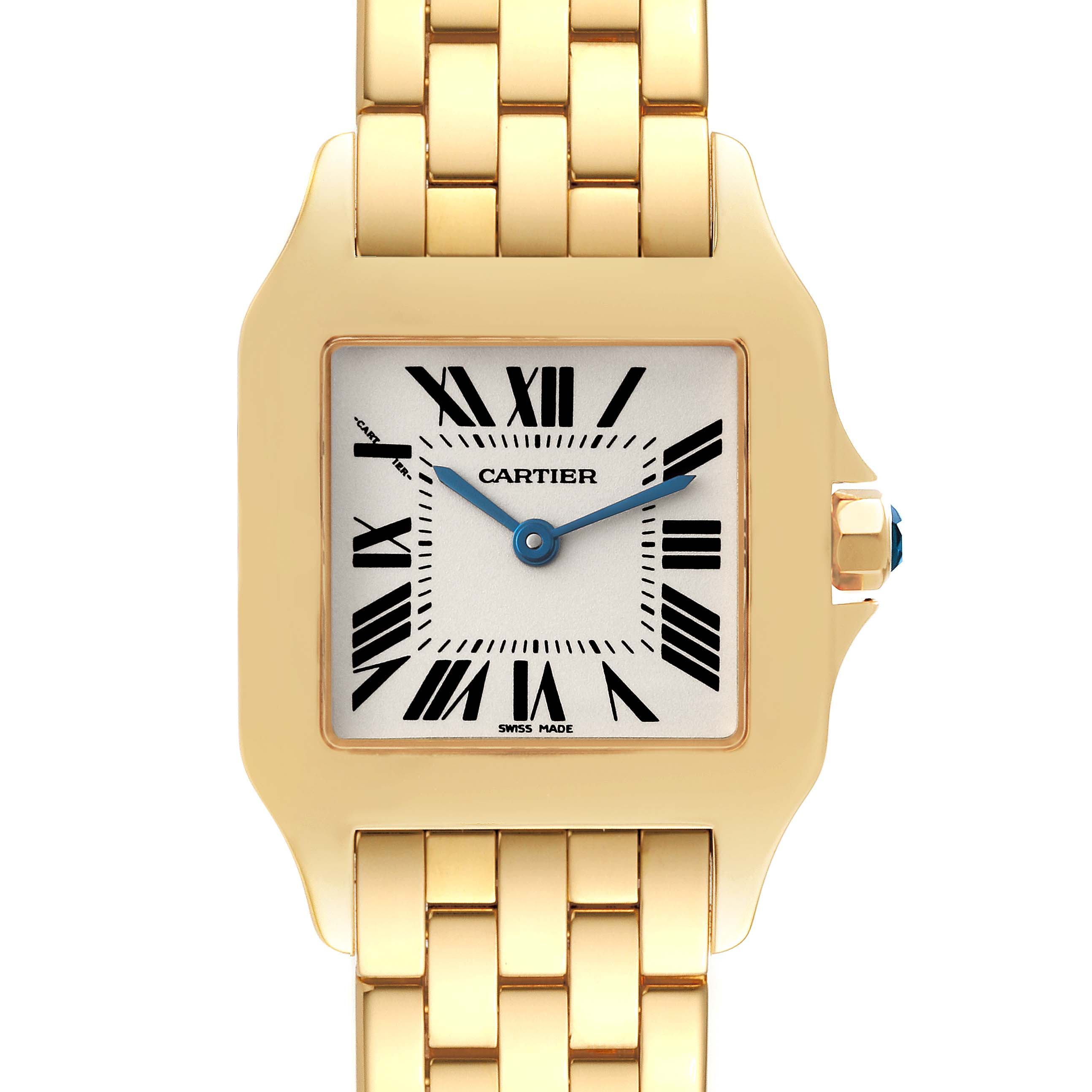 This is a front view of a Cartier Santos Demoiselle W25062X9 Women's Yellow Gold Silver Dial W25062X9 Women's Yellow Gold Silver Dial watch showing the dial, bezel, and bracelet.