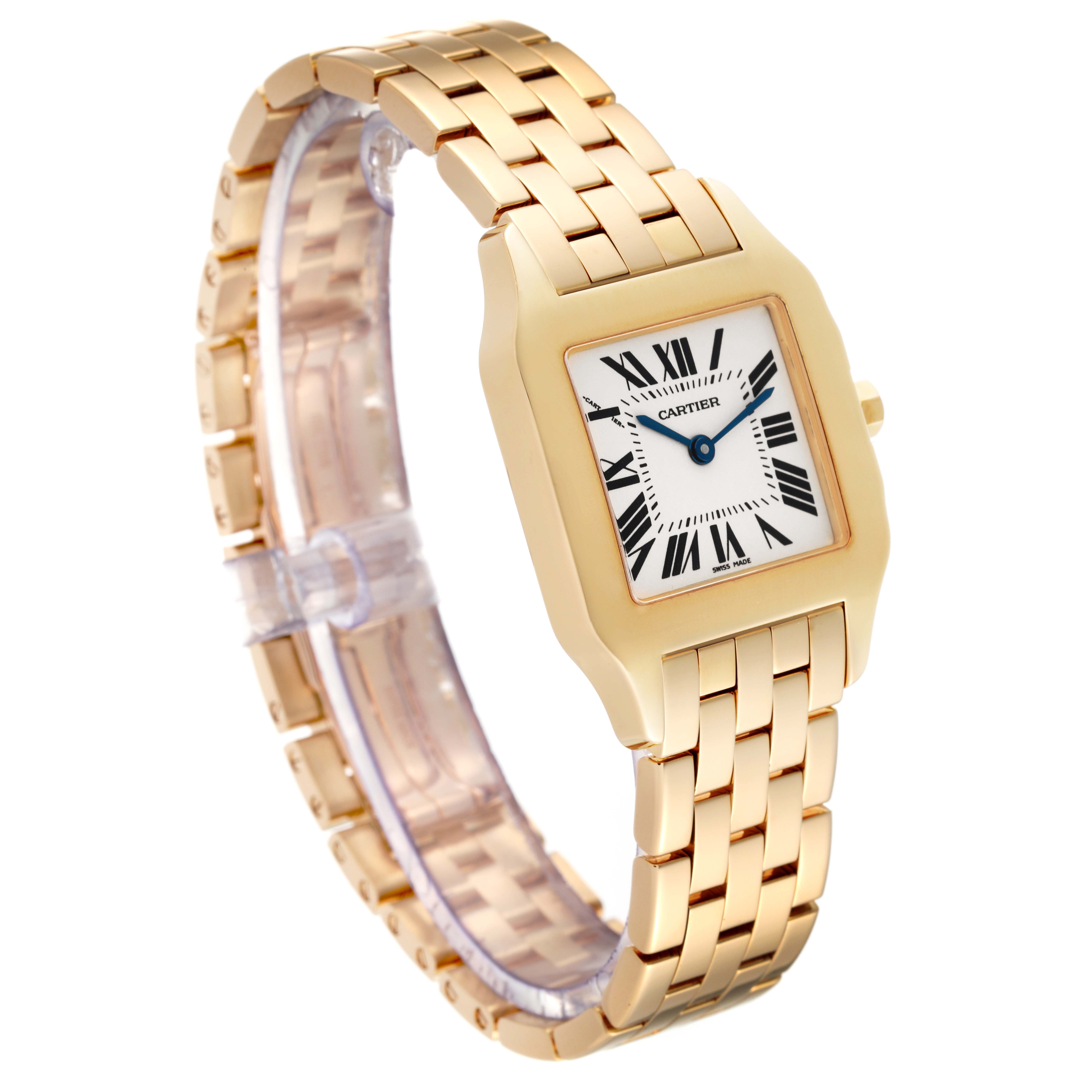 The image shows a Cartier Santos Demoiselle W25062X9 Women's Yellow Gold Silver Dial W25062X9 Women's Yellow Gold Silver Dial watch at a three-quarter angle, highlighting its gold rectangular case and linked bracelet.