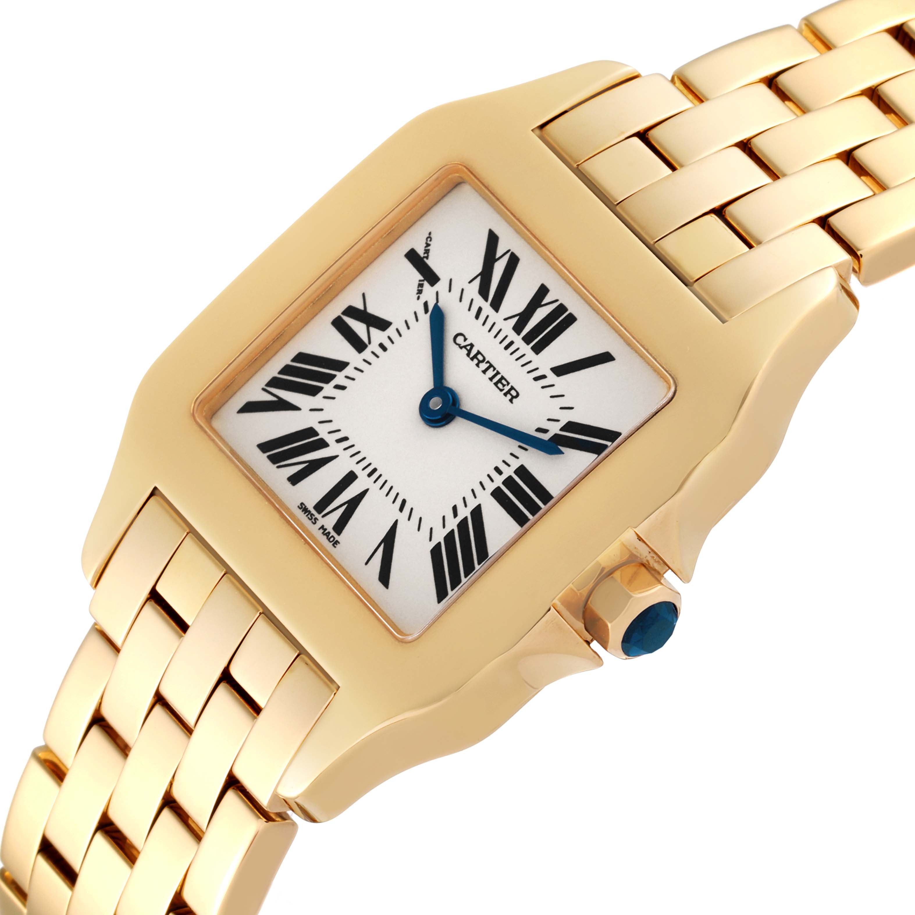 The image shows a close-up angle of the Cartier Santos Demoiselle W25062X9 Women's Yellow Gold Silver Dial W25062X9 Women's Yellow Gold Silver Dial watch, highlighting the dial, bracelet, and crown.