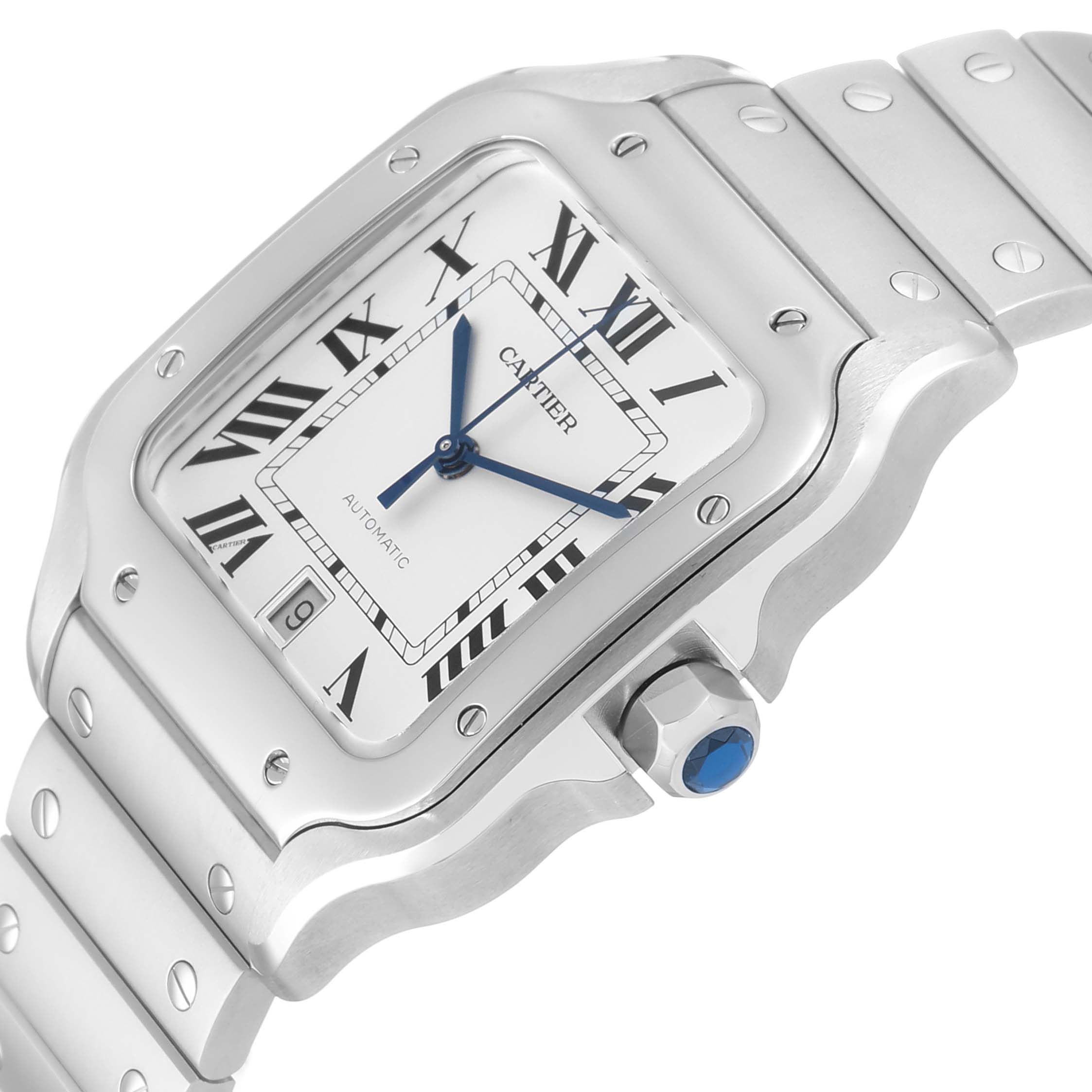The image shows a Cartier Santos WSSA0018 Men's Stainless Steel Silver Dial watch at an angle displaying the face, case, and part of the bracelet, highlighting its details.