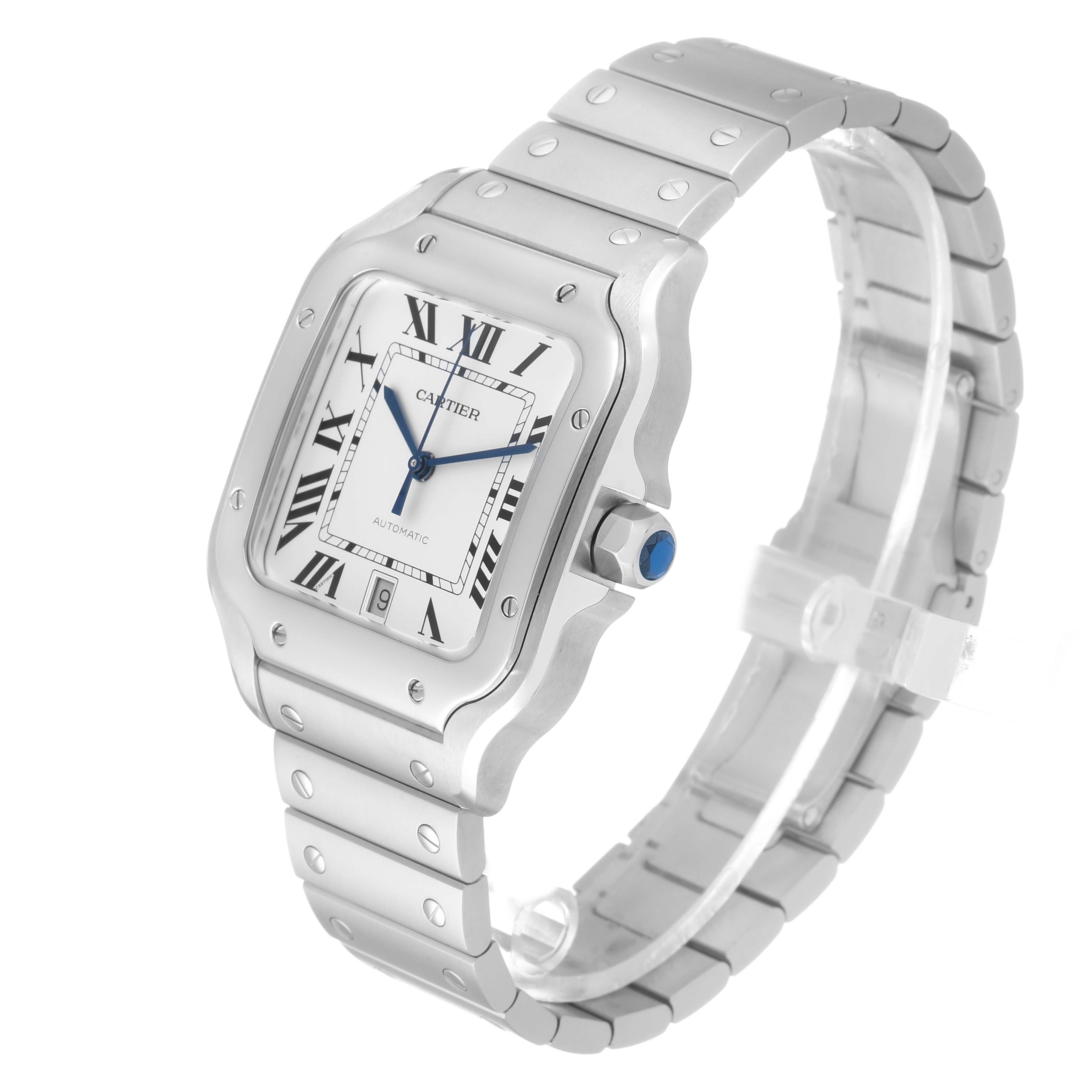 The Cartier Santos WSSA0018 Men's Stainless Steel Silver Dial watch is shown at a three-quarter angle, highlighting its face, bezel, crown, and bracelet.