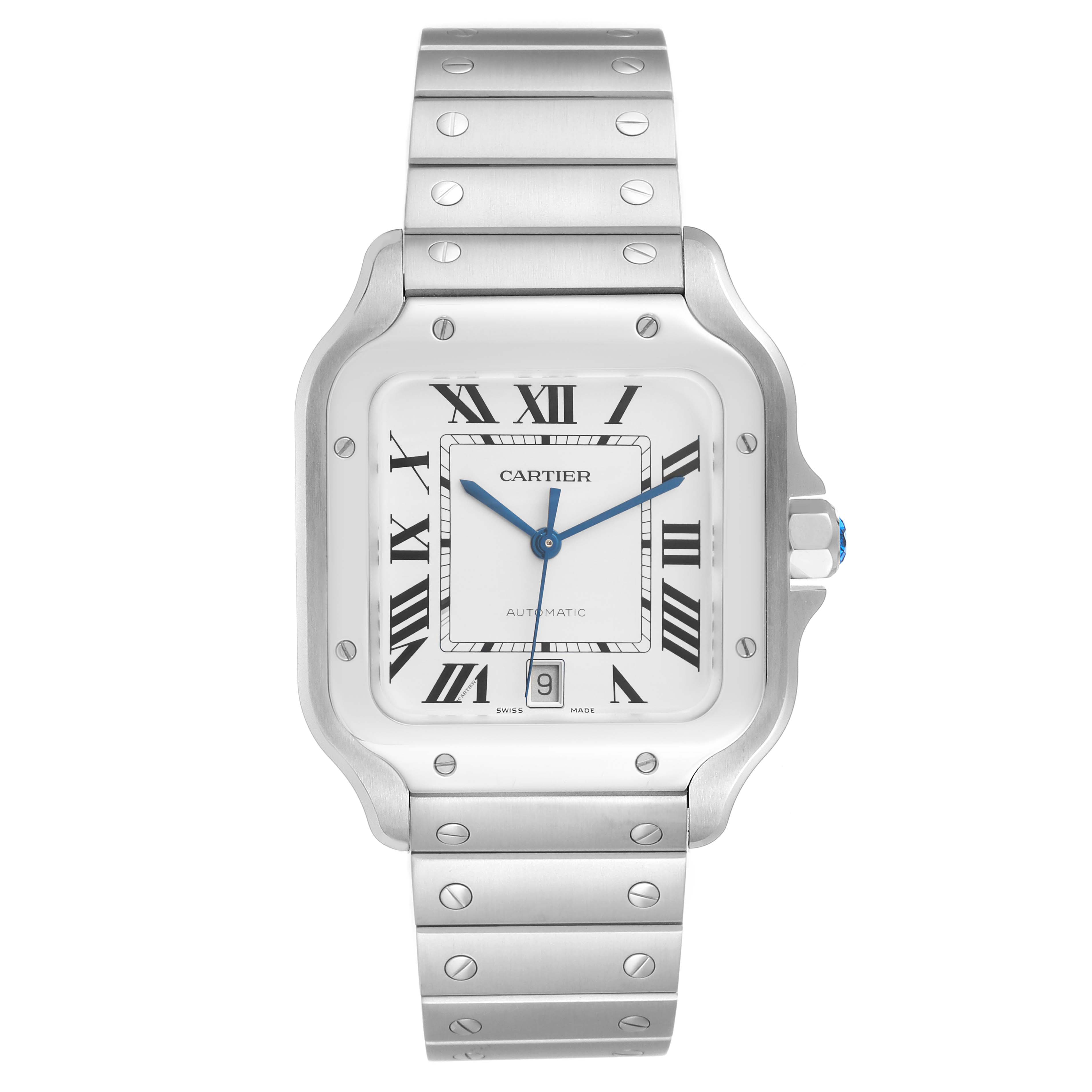 The Cartier Santos WSSA0018 Men's Stainless Steel Silver Dial watch is shown from the front, displaying the face, bracelet, and crown.