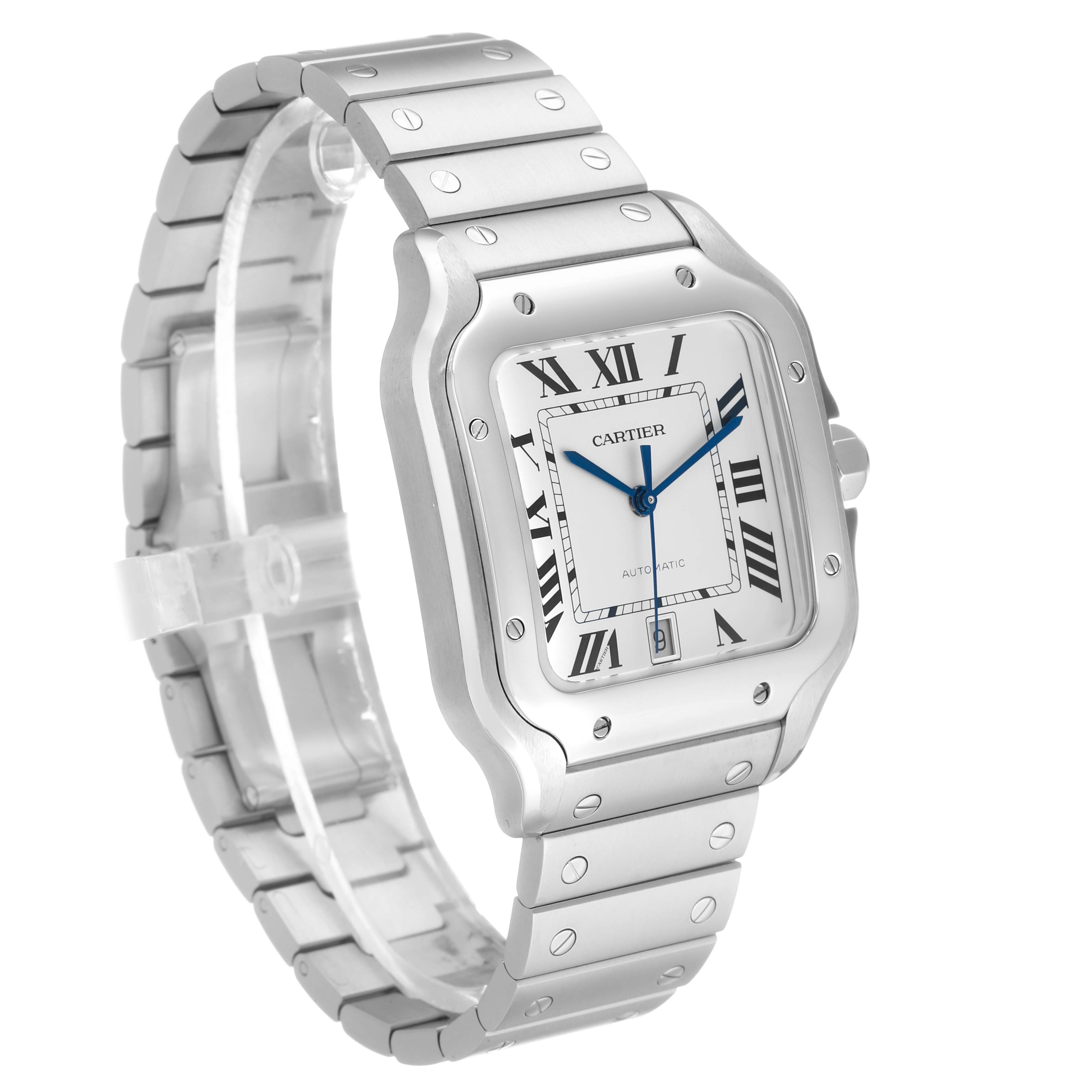 The Cartier Santos WSSA0018 Men's Stainless Steel Silver Dial watch is shown from a front three-quarter angle, highlighting the face, bezel, and bracelet.