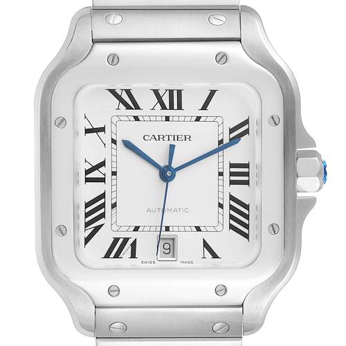 The Cartier Santos WSSA0018 Men's Stainless Steel Silver Dial watch is shown from the front, displaying its square face, Roman numerals, and metal bracelet.