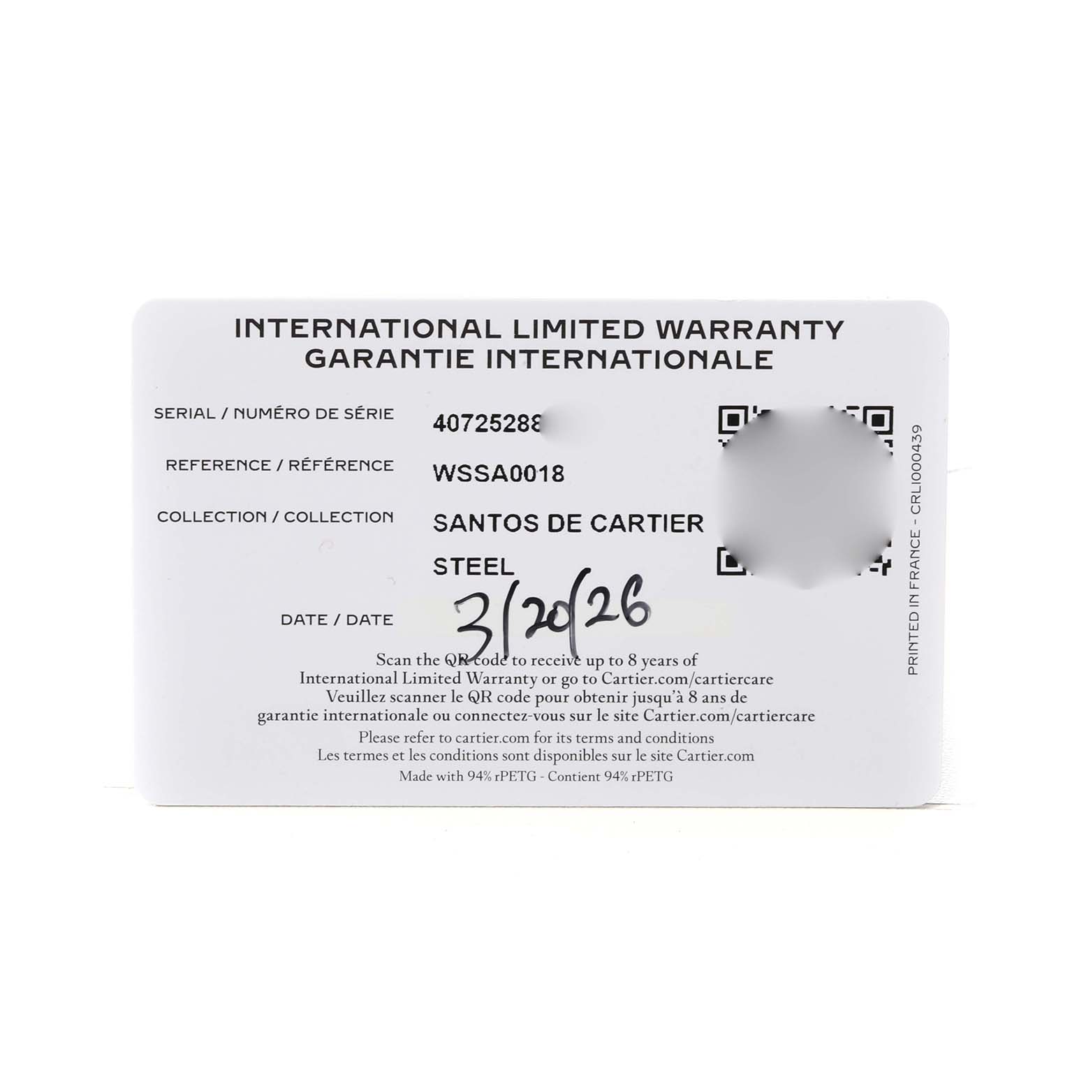 The image shows a Cartier Santos WSSA0018 Men's Stainless Steel Silver Dial model warranty card displaying serial, reference numbers, and purchase date details.