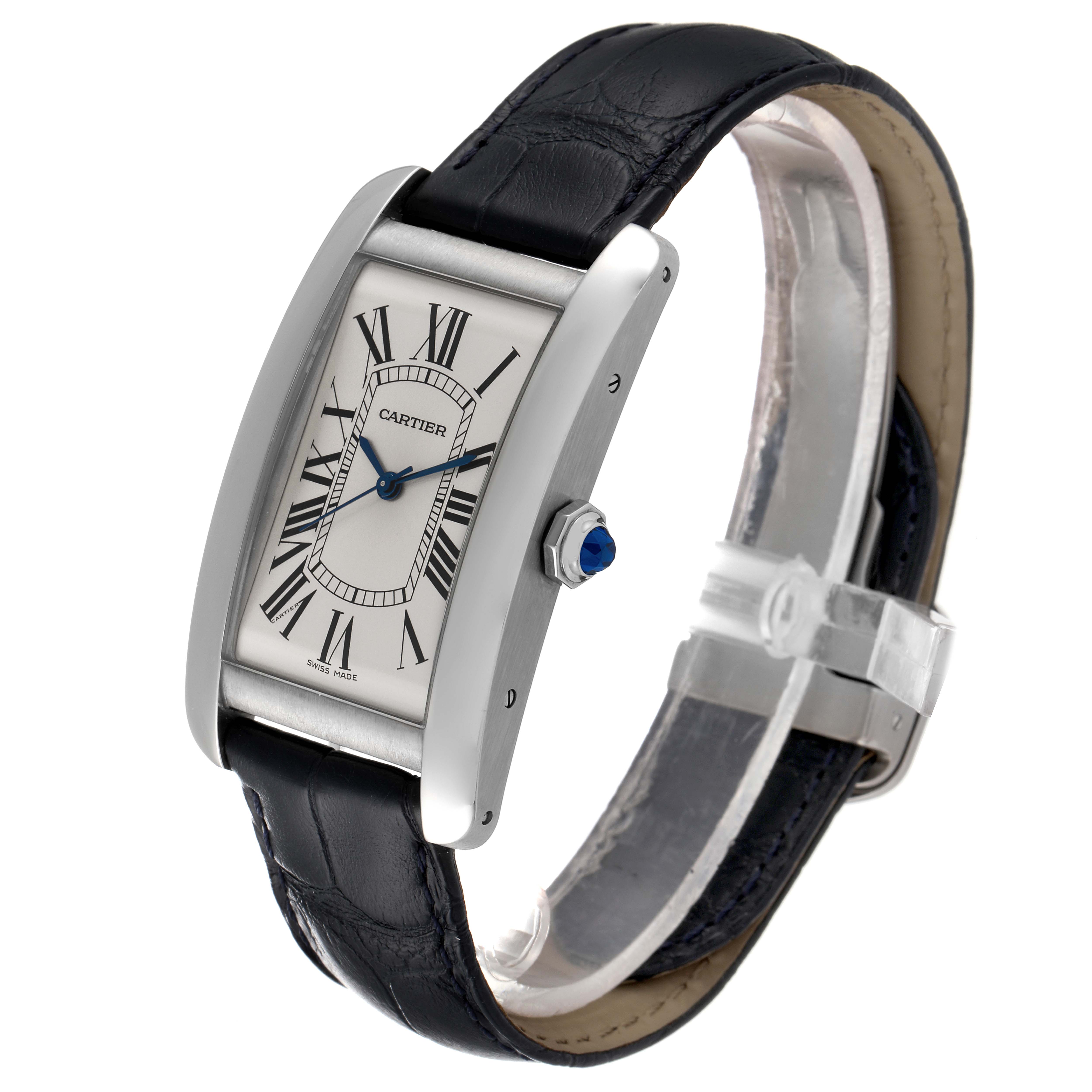 The image shows a Cartier Tank Americaine WSTA0018 Men's Stainless Steel Silver Dial WSTA0018 Men's Stainless Steel Silver Dial watch at a right side angle, highlighting the face, case, crown, and leather strap.