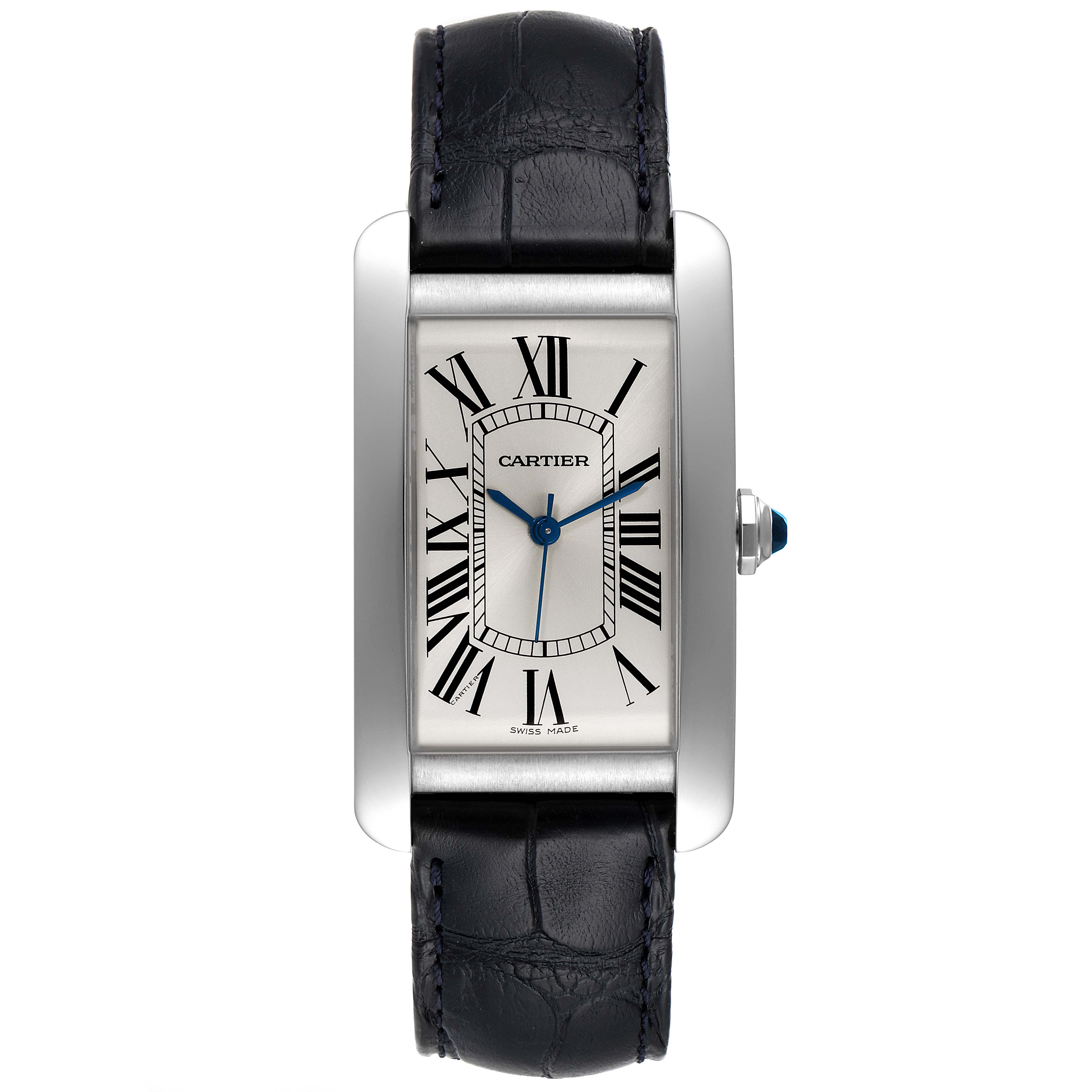The image shows a front view of a Cartier Tank Americaine WSTA0018 Men's Stainless Steel Silver Dial WSTA0018 Men's Stainless Steel Silver Dial watch, featuring its rectangular face, Roman numerals, and black leather strap.